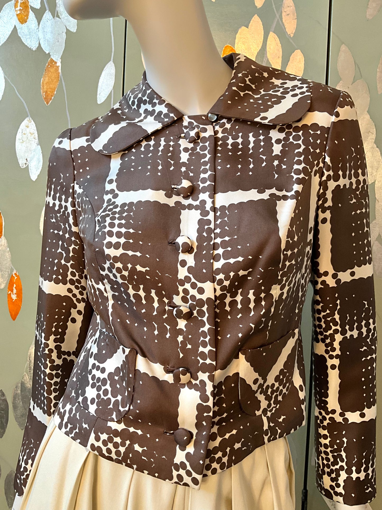 Vintage 1960s Brown Cream Silk Polka Dot Cropped Jacket, Small