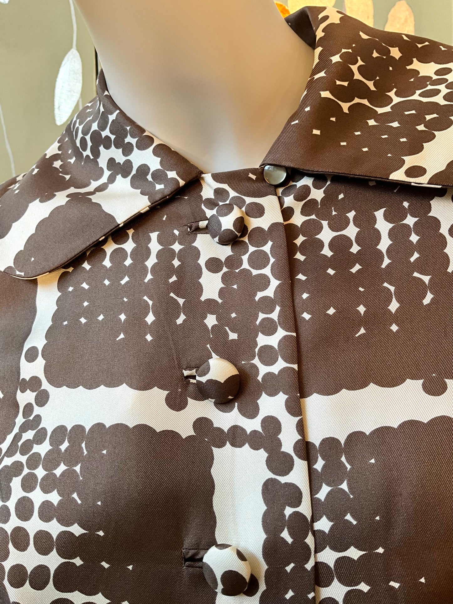 Vintage 1960s Brown Cream Silk Polka Dot Cropped Jacket, Small