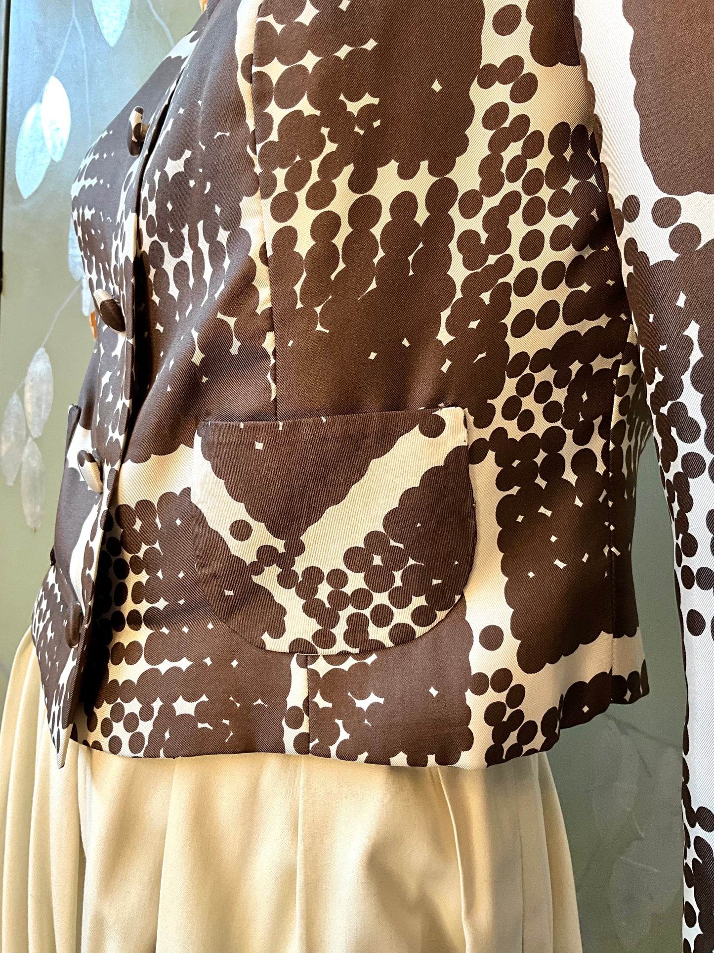 Vintage 1960s Brown Cream Silk Polka Dot Cropped Jacket, Small