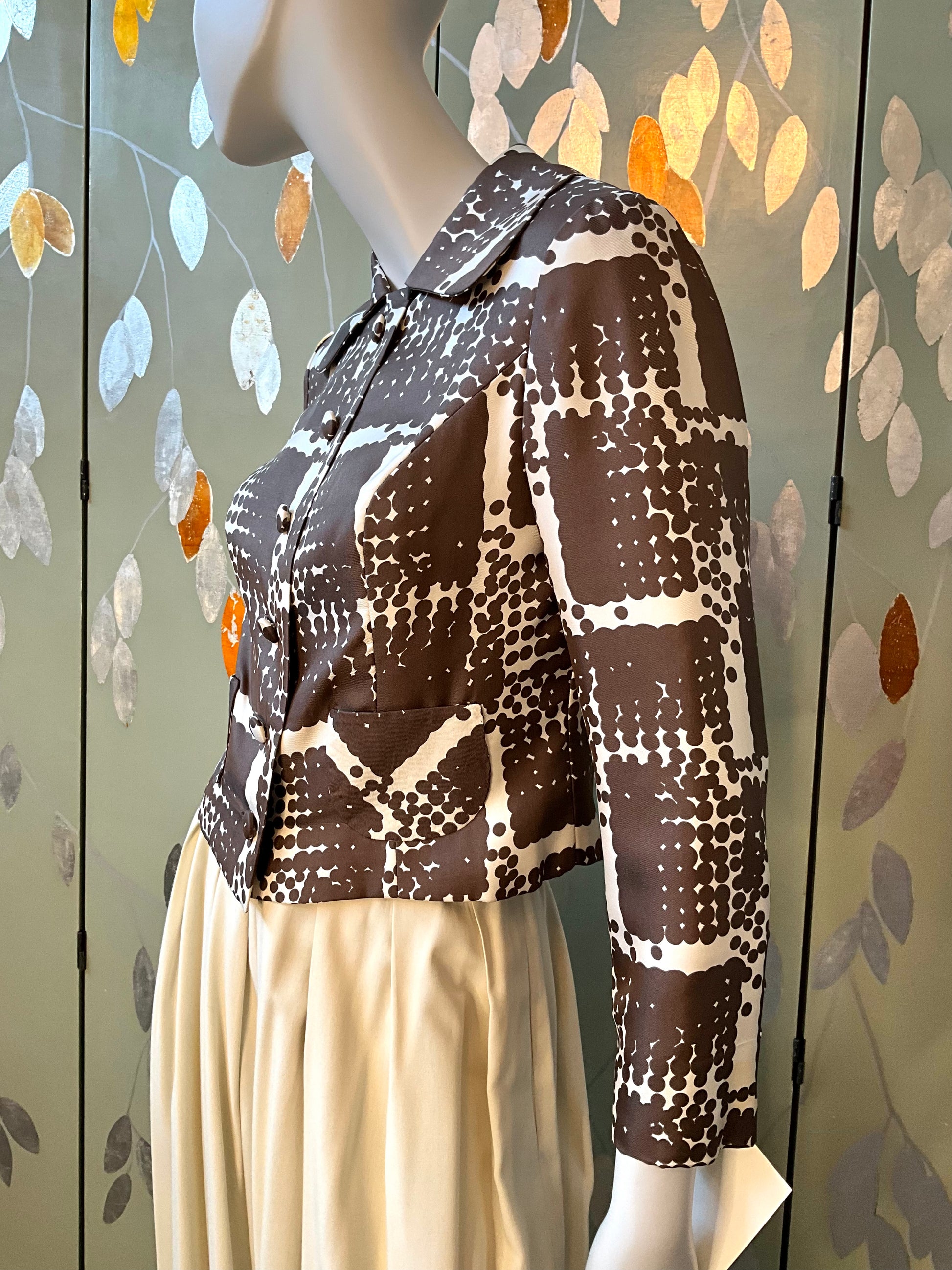 Vintage 1960s Brown Cream Silk Polka Dot Cropped Jacket, Small