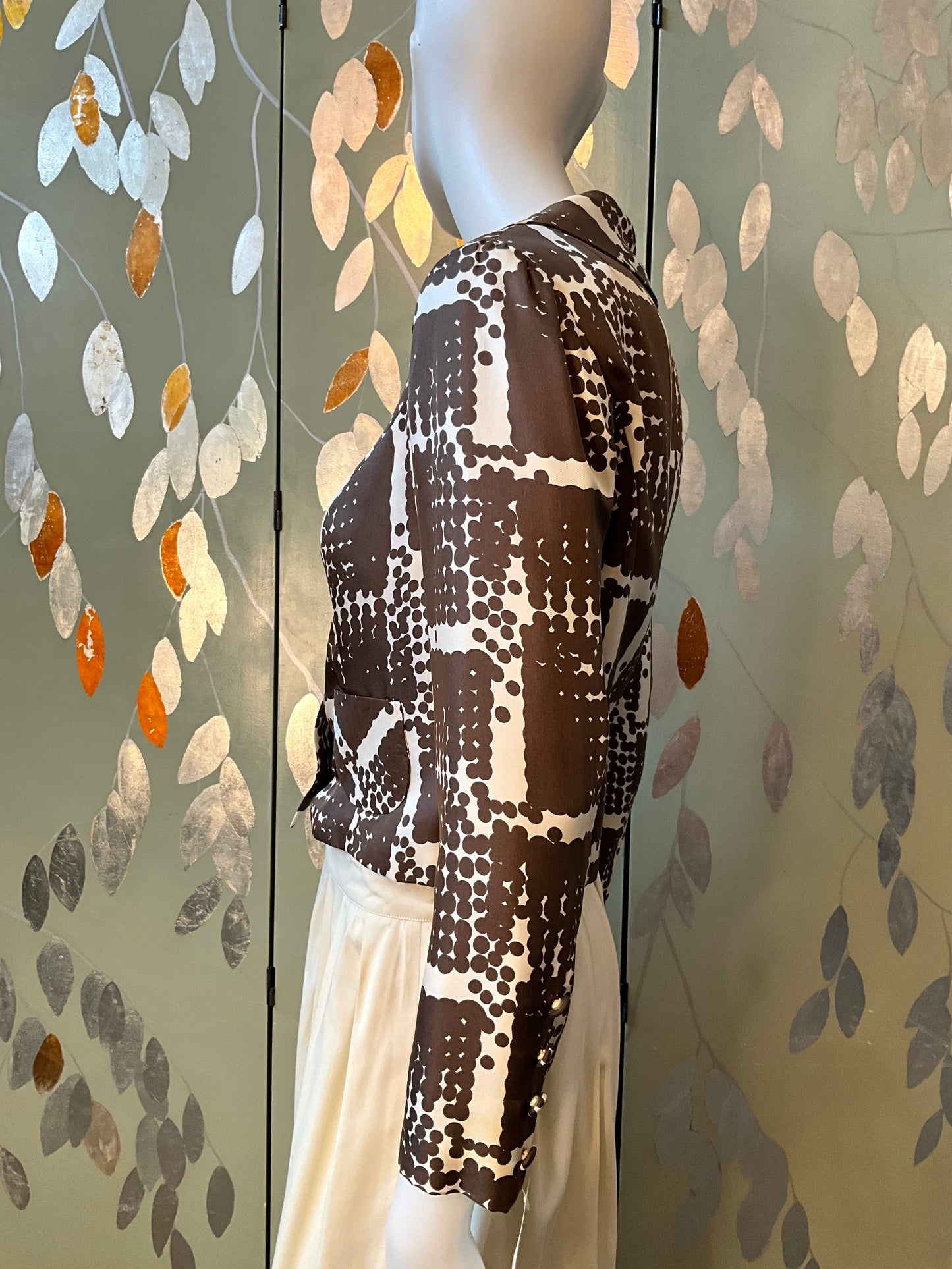 Vintage 1960s Brown Cream Silk Polka Dot Cropped Jacket, Small