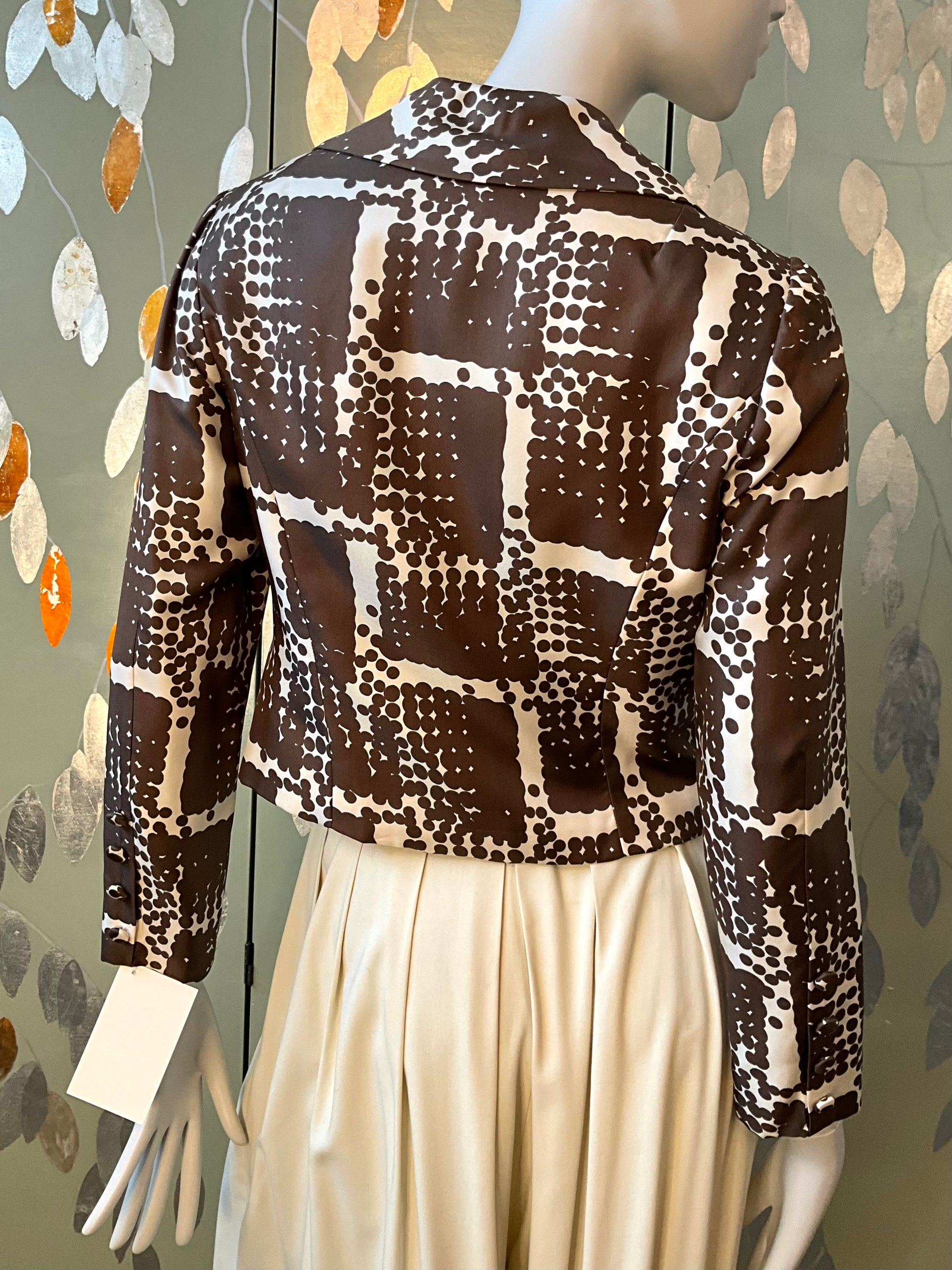 Vintage 1960s Brown Cream Silk Polka Dot Cropped Jacket, Small