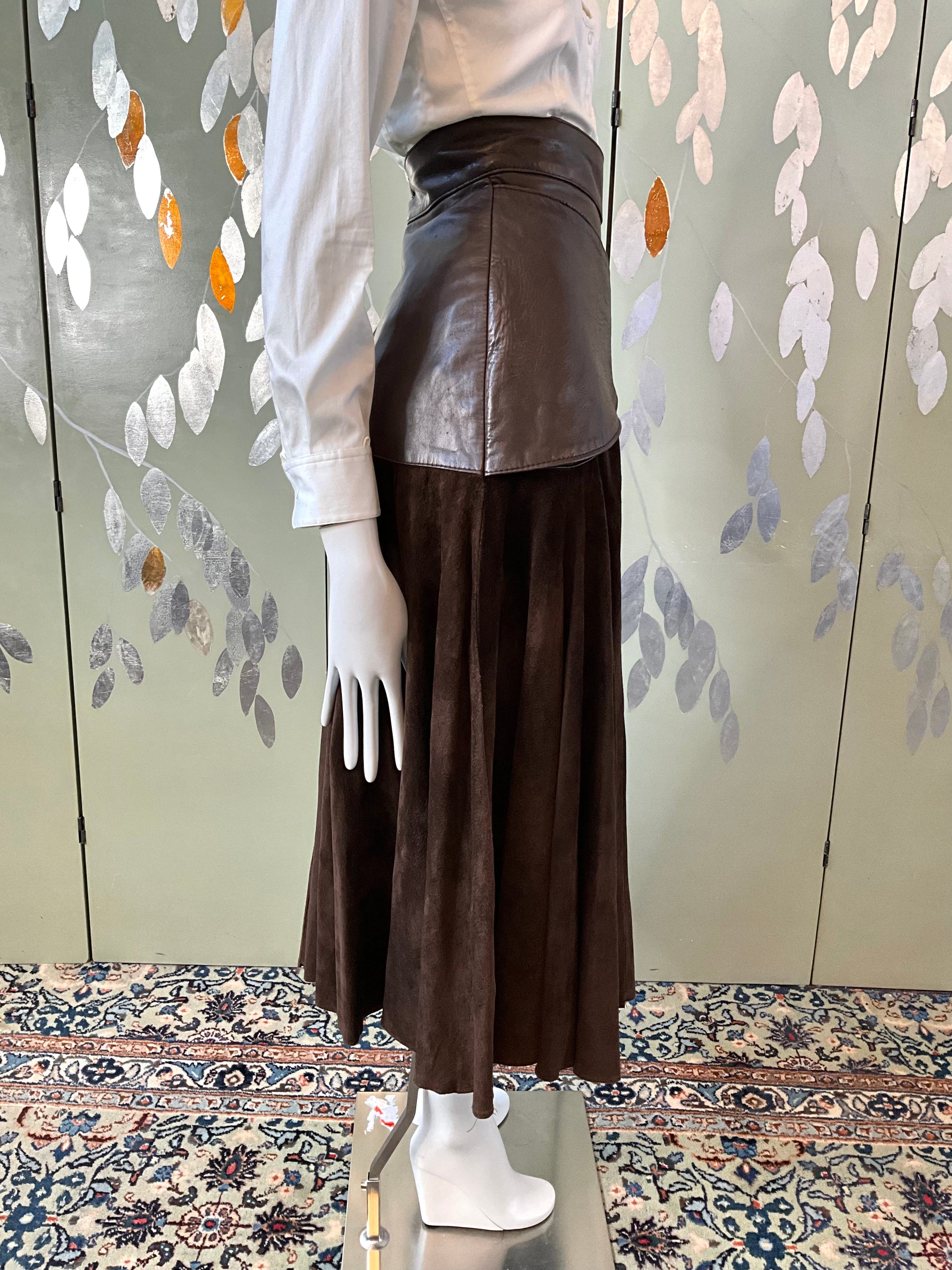 Vintage 1980s Brown Suede Leather Maxi Skirt, Medium