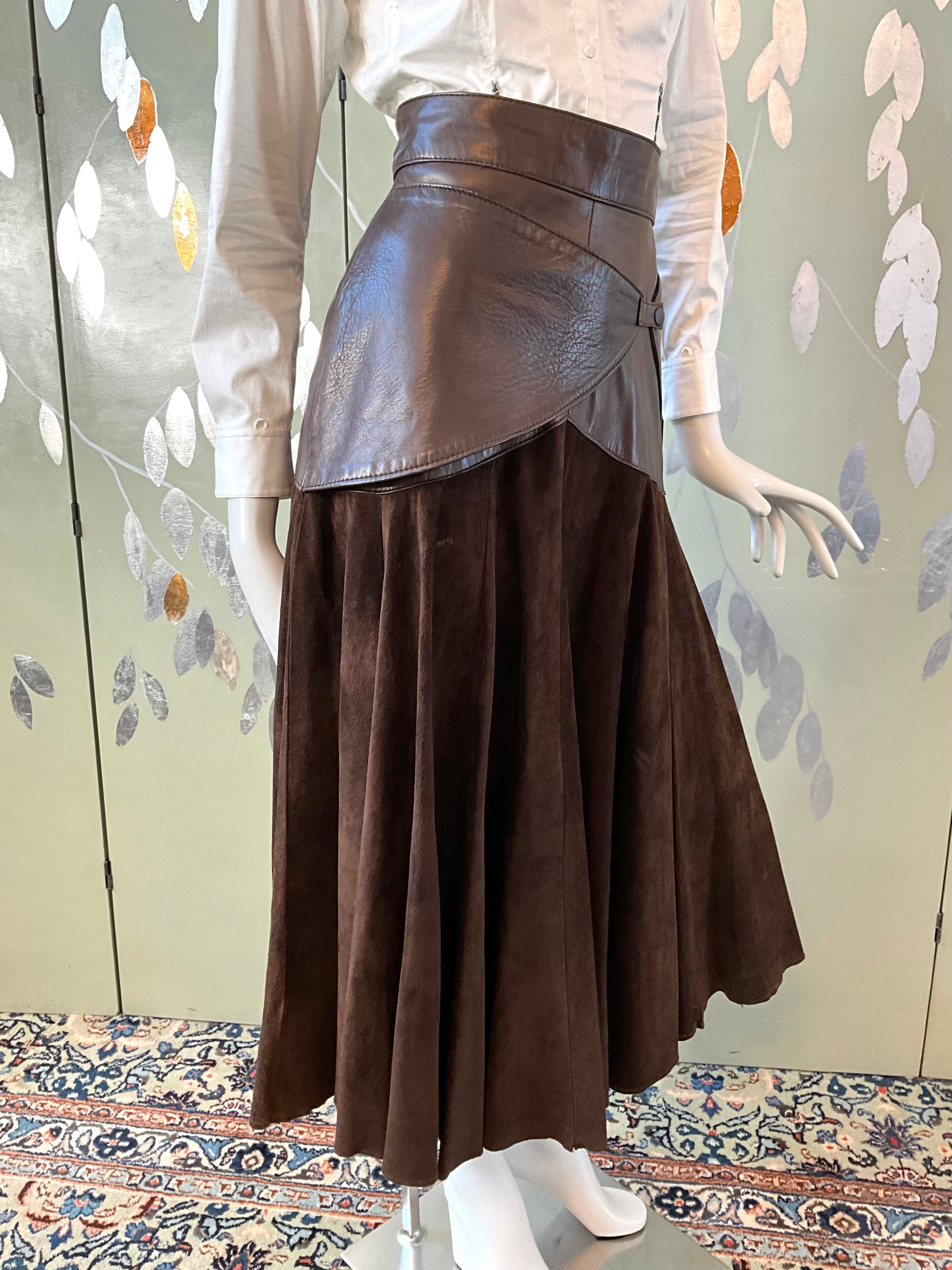 Vintage 1980s Brown Suede Leather Maxi Skirt, Medium