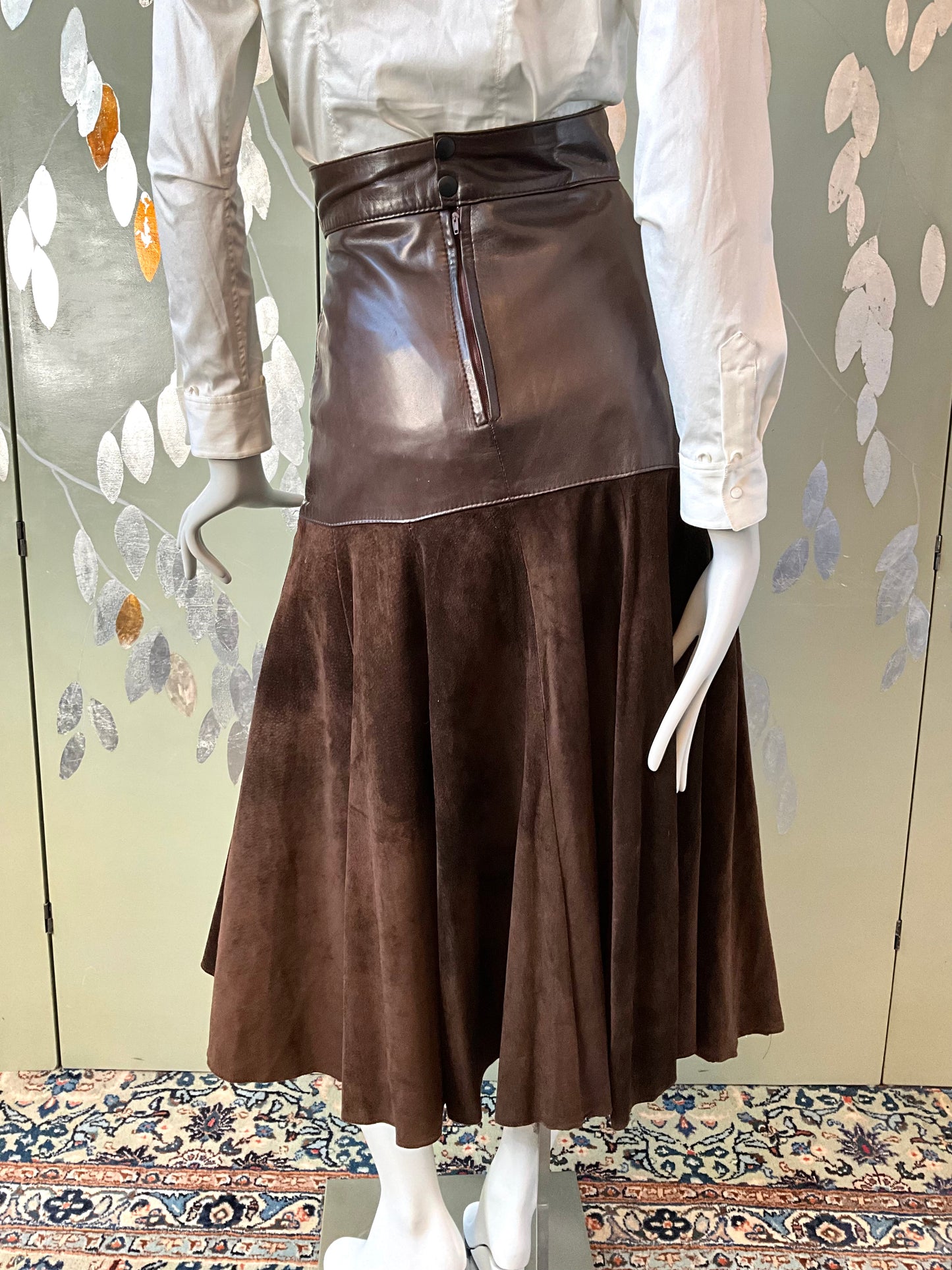 Vintage 1980s Brown Suede Leather Maxi Skirt, Medium