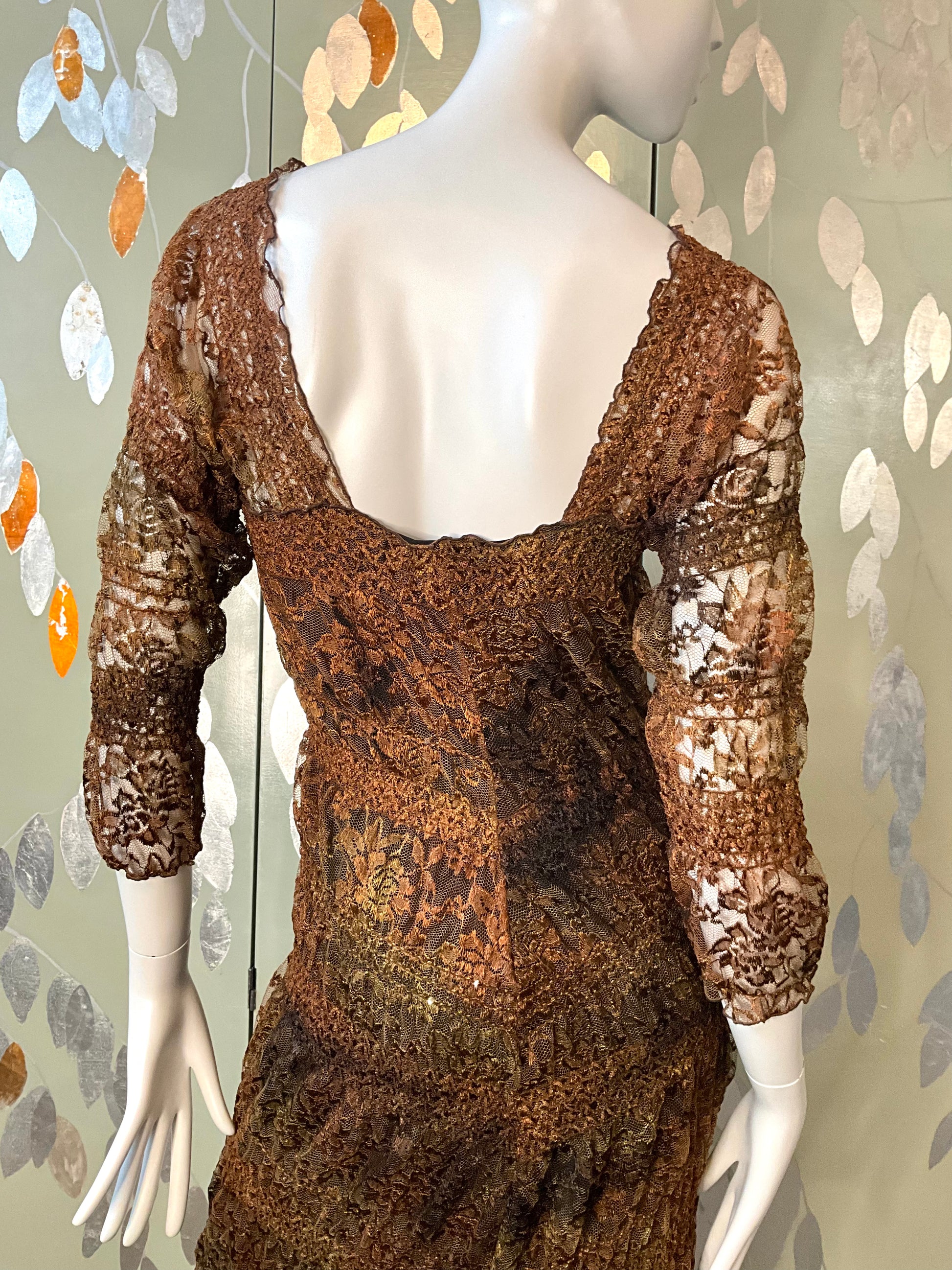 Vintage 1990s Linda Lundström Brown Lace Sequin Autumnal Maxi Dress, Medium 