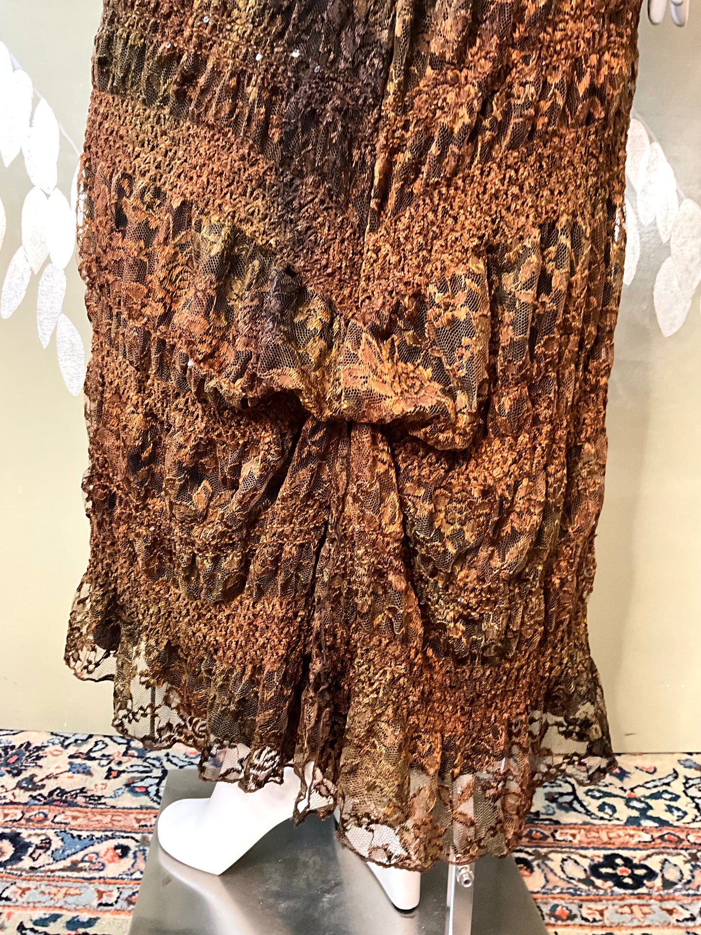 Vintage 1990s Linda Lundström Brown Lace Sequin Autumnal Maxi Dress, Medium 