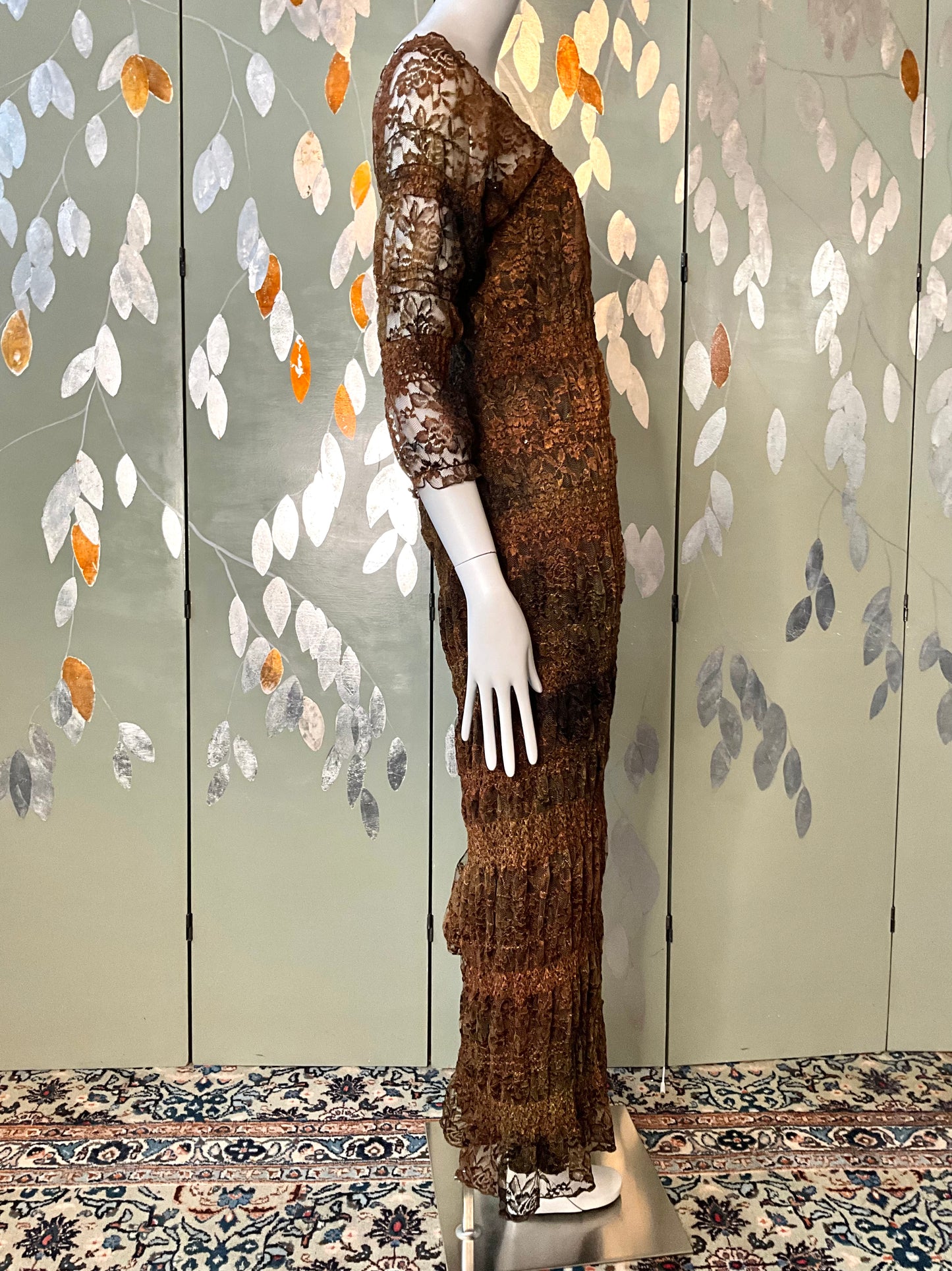 Vintage 1990s Linda Lundström Brown Lace Sequin Autumnal Maxi Dress, Medium 