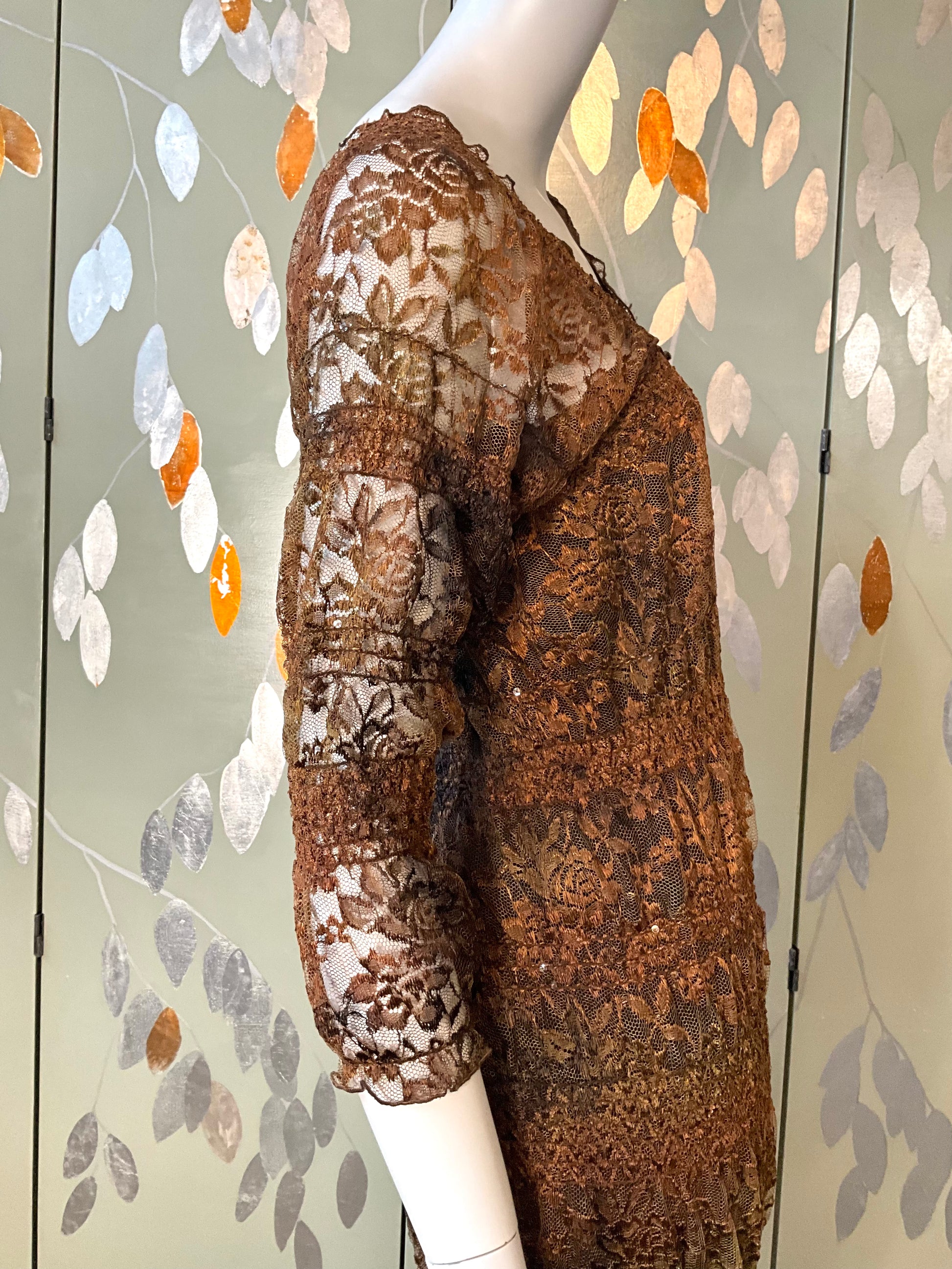 Vintage 1990s Linda Lundström Brown Lace Sequin Autumnal Maxi Dress, Medium 