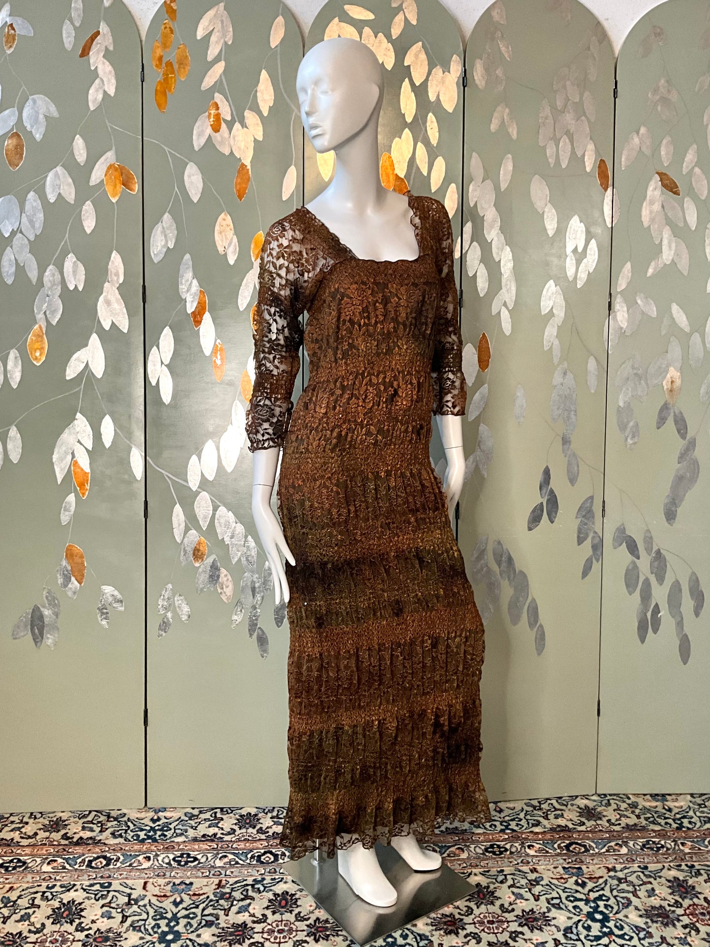 Vintage 1990s Linda Lundström Brown Lace Sequin Autumnal Maxi Dress, Medium 