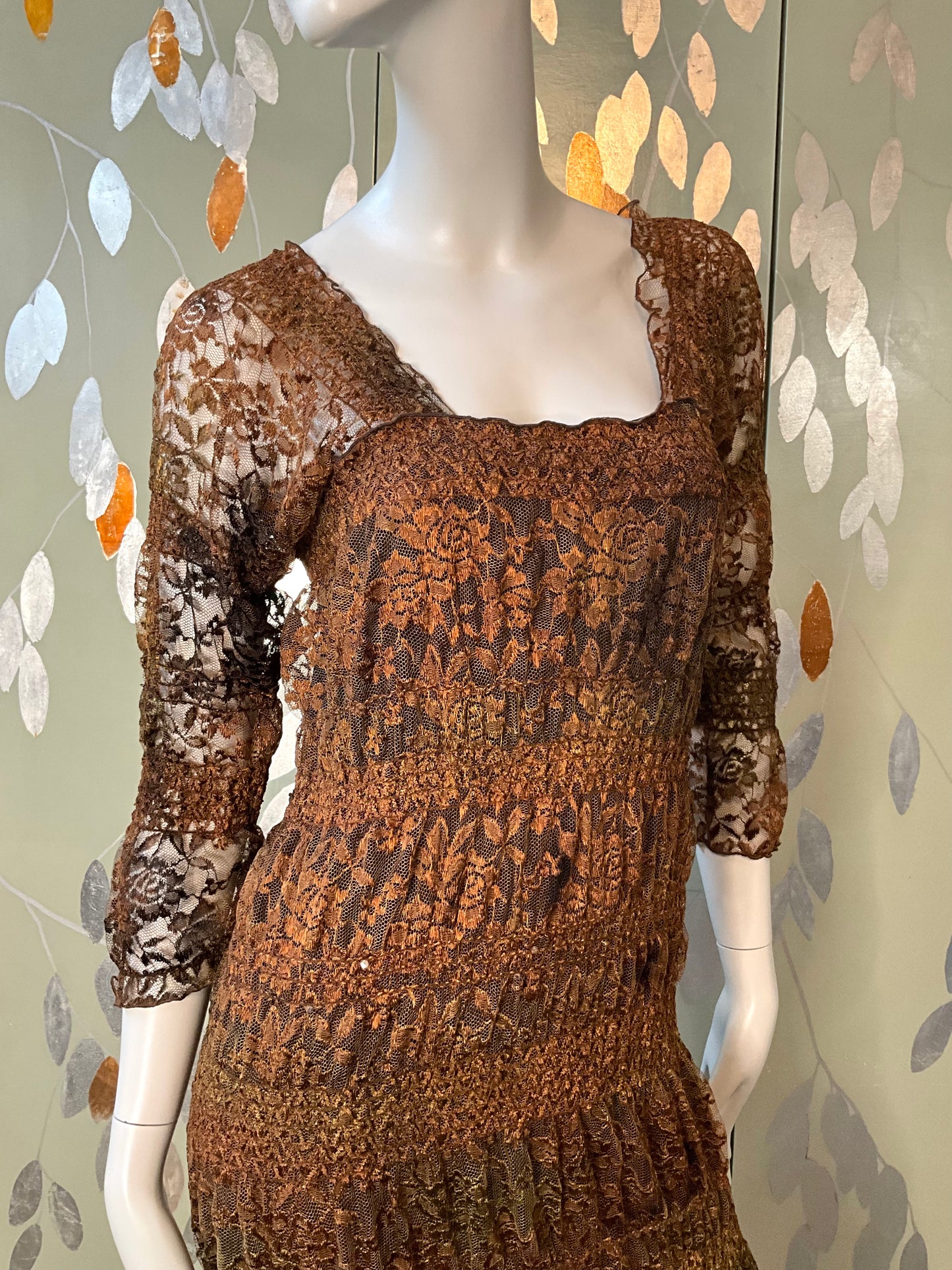 Vintage 1990s Linda Lundström Brown Lace Sequin Autumnal Maxi Dress, Medium 