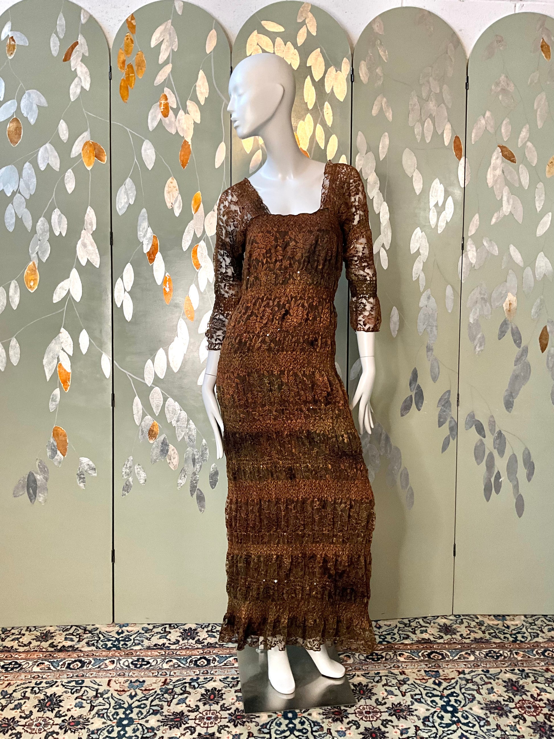 Vintage 1990s Linda Lundstrm Brown Lace Sequin Autumnal Maxi Dress, Medium Vintage 1990s Linda Lundstrm Brown Lace Sequin Autumnal Maxi Dress, Medium