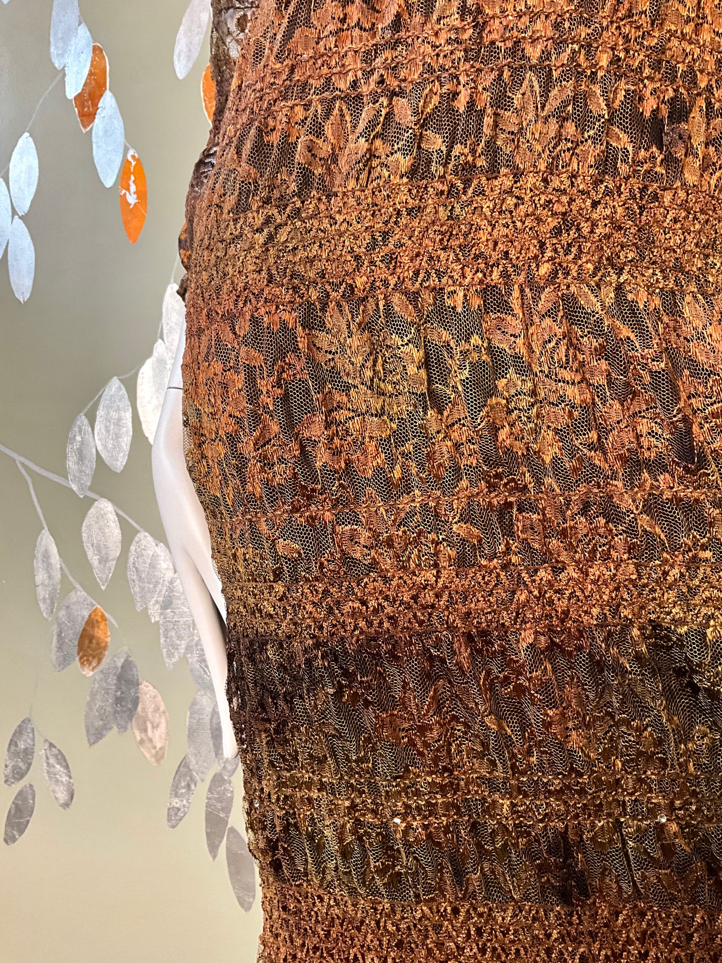 Vintage 1990s Linda Lundström Brown Lace Sequin Autumnal Maxi Dress, Medium 