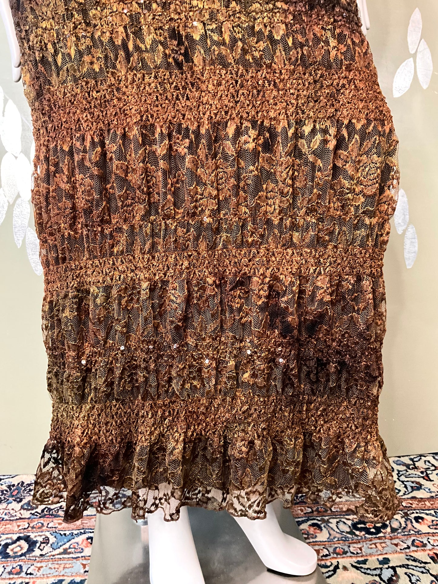 Vintage 1990s Linda Lundström Brown Lace Sequin Autumnal Maxi Dress, Medium 