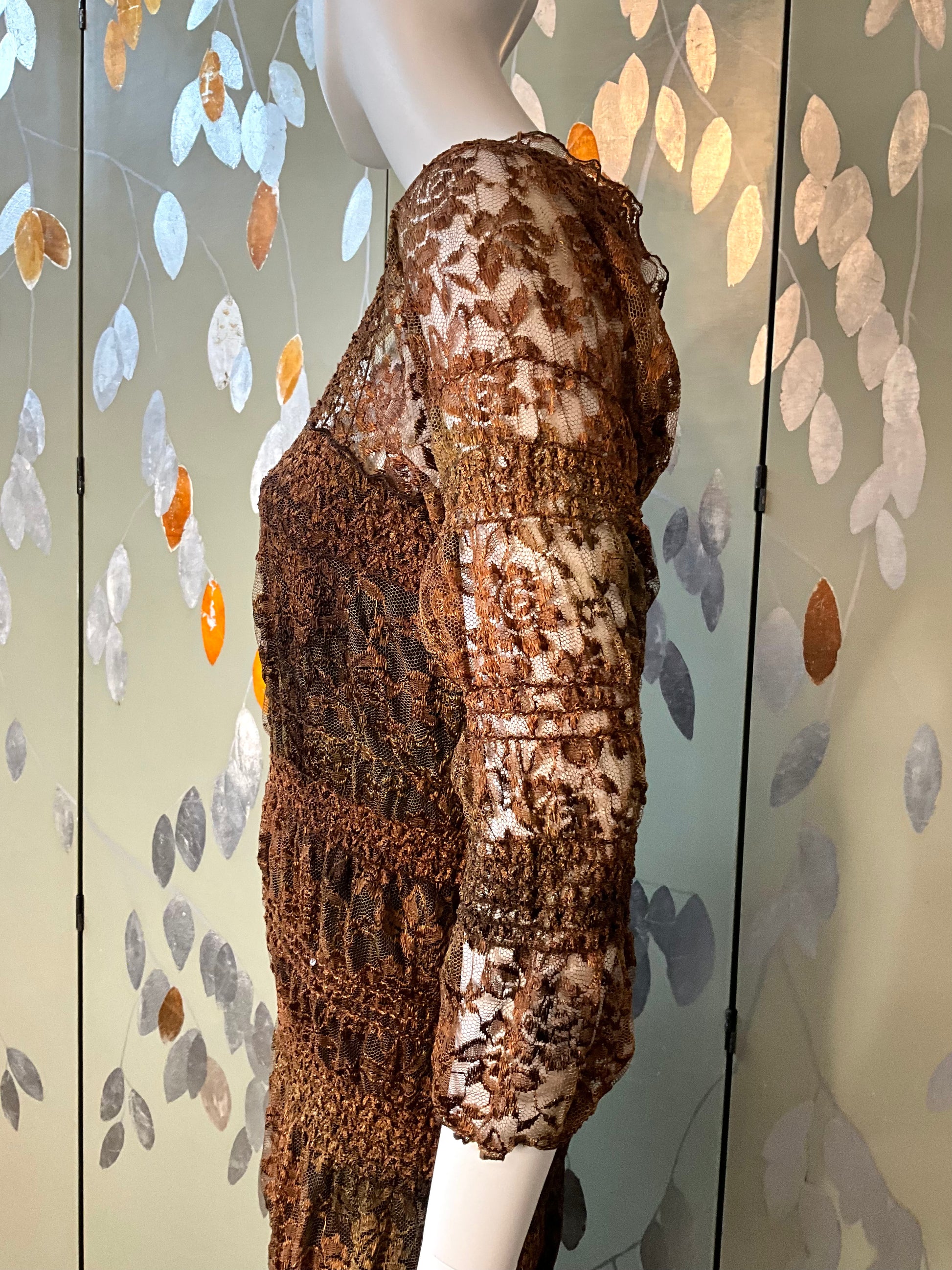 Vintage 1990s Linda Lundström Brown Lace Sequin Autumnal Maxi Dress, Medium 