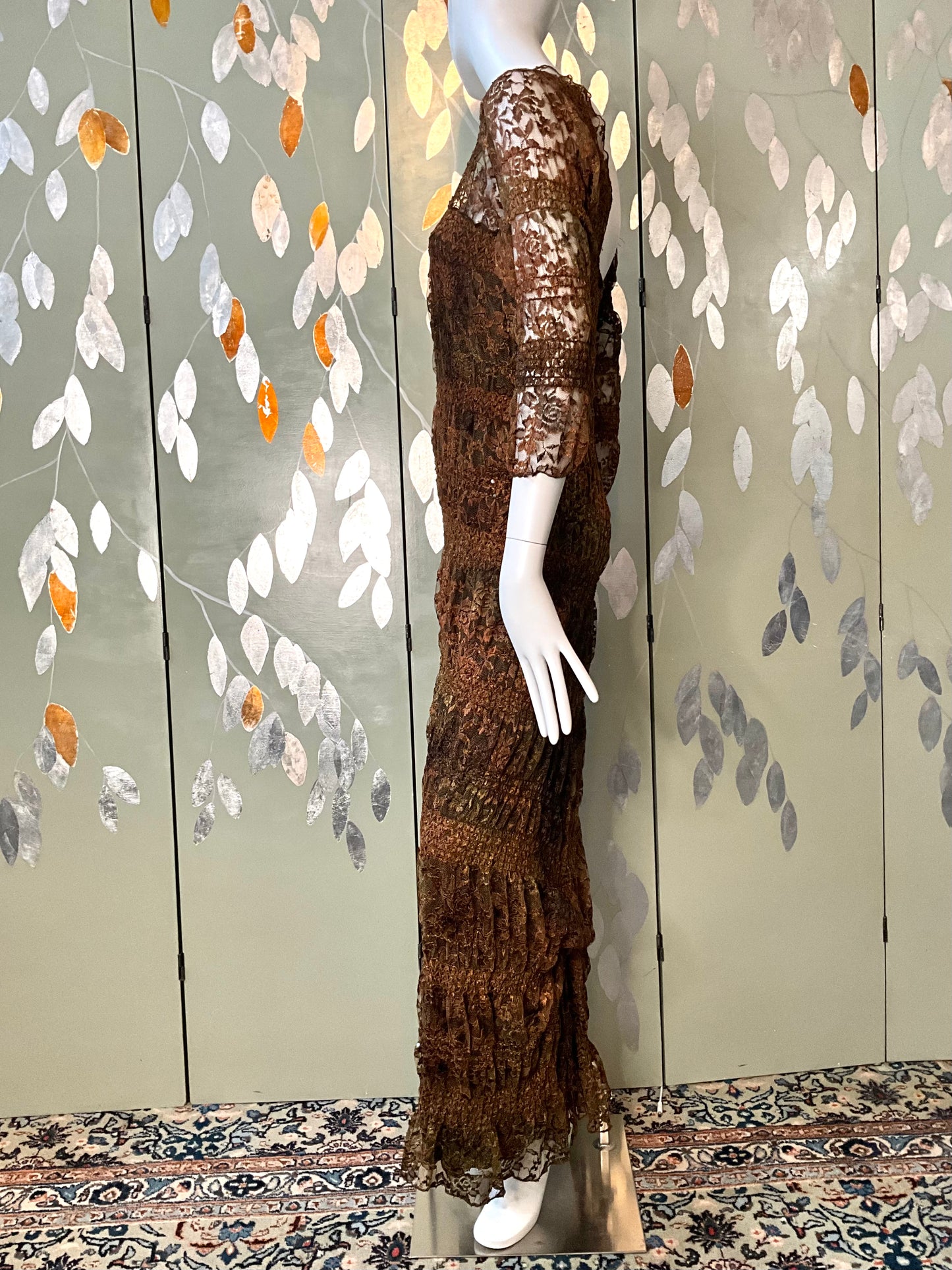 Vintage 1990s Linda Lundström Brown Lace Sequin Autumnal Maxi Dress, Medium 