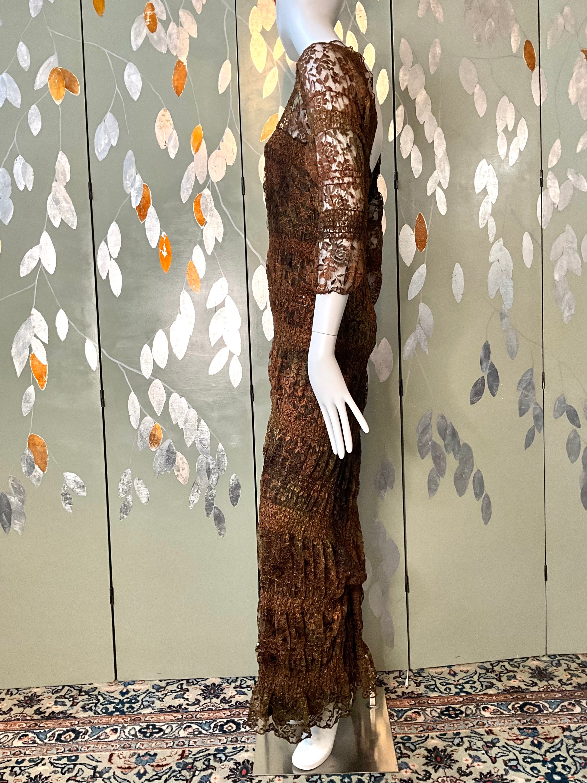 Vintage 1990s Linda Lundström Brown Lace Sequin Autumnal Maxi Dress, Medium 