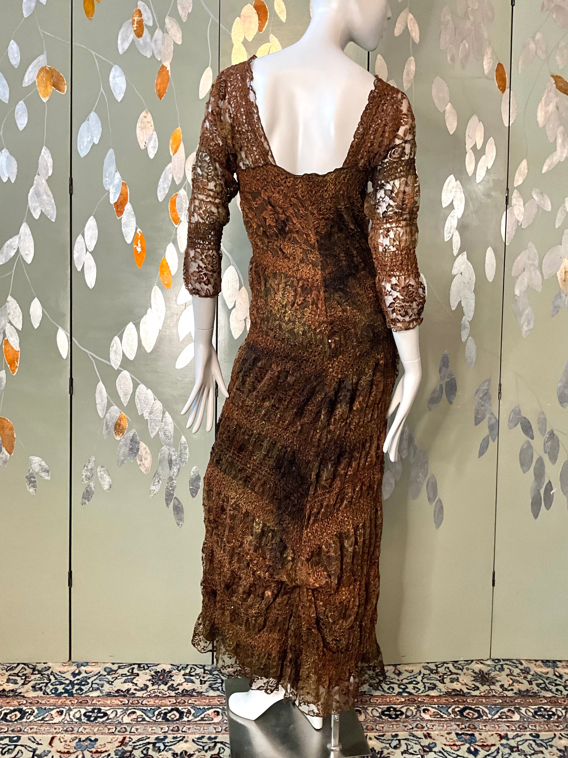 Vintage 1990s Linda Lundström Brown Lace Sequin Autumnal Maxi Dress, Medium 