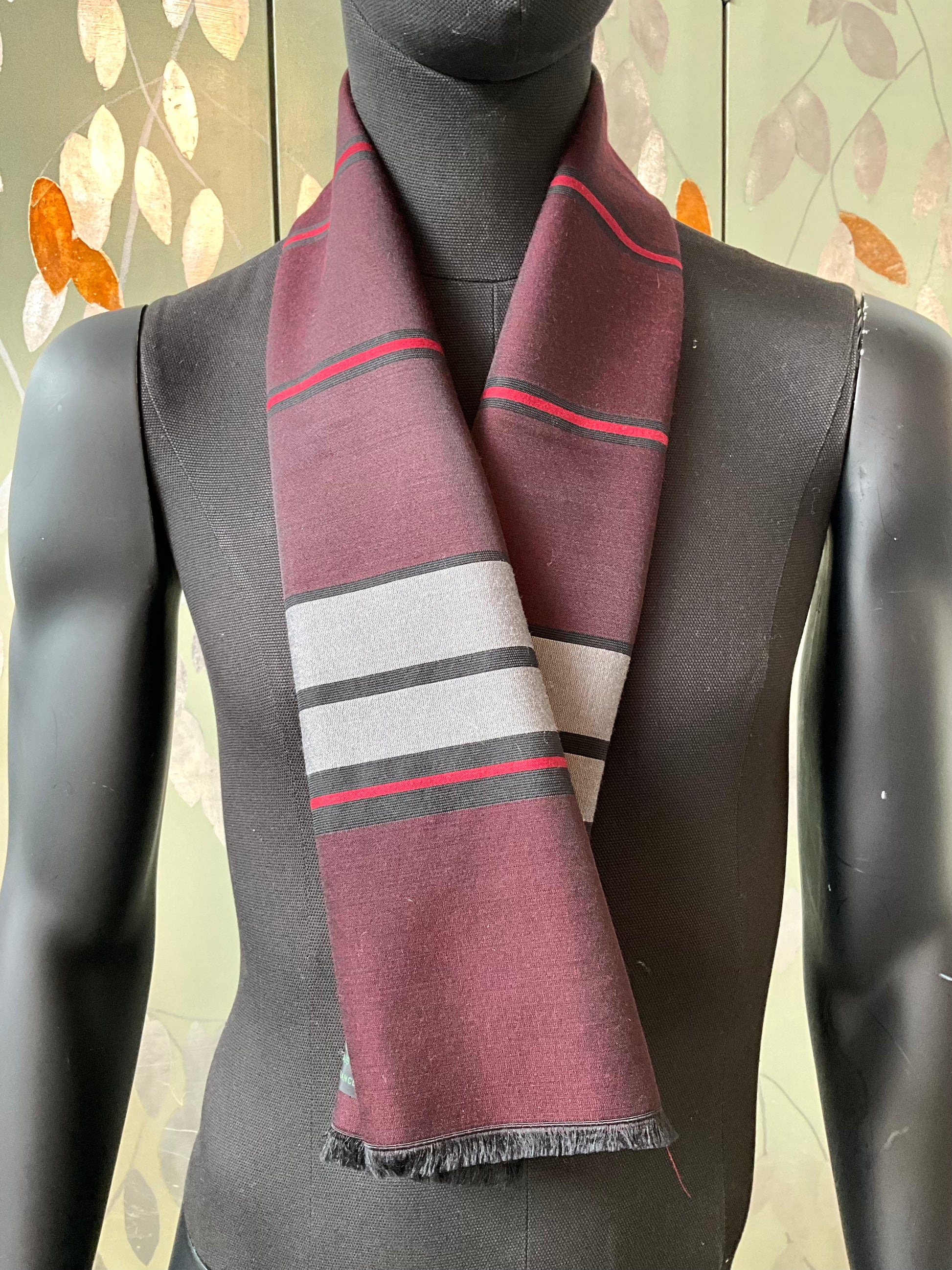 Vintage Burgundy and Grey Stripe Scarf, Made in France 