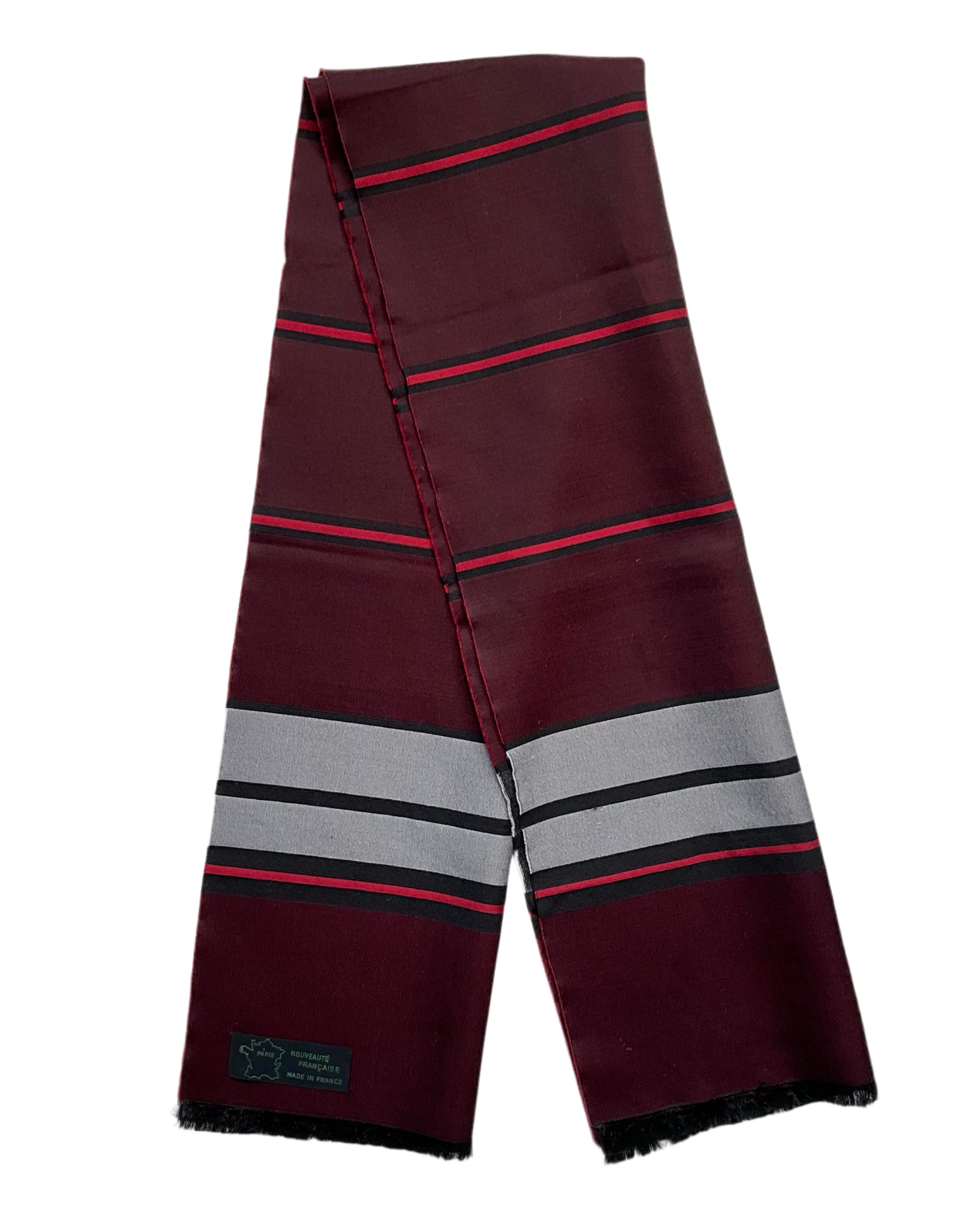 Vintage Burgundy and Grey Stripe Scarf, Made in France 