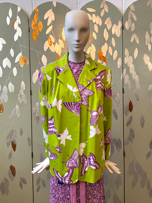 Vintage 1990s Harvé Benard Green Butterfly Print Cotton Blazer, XL
