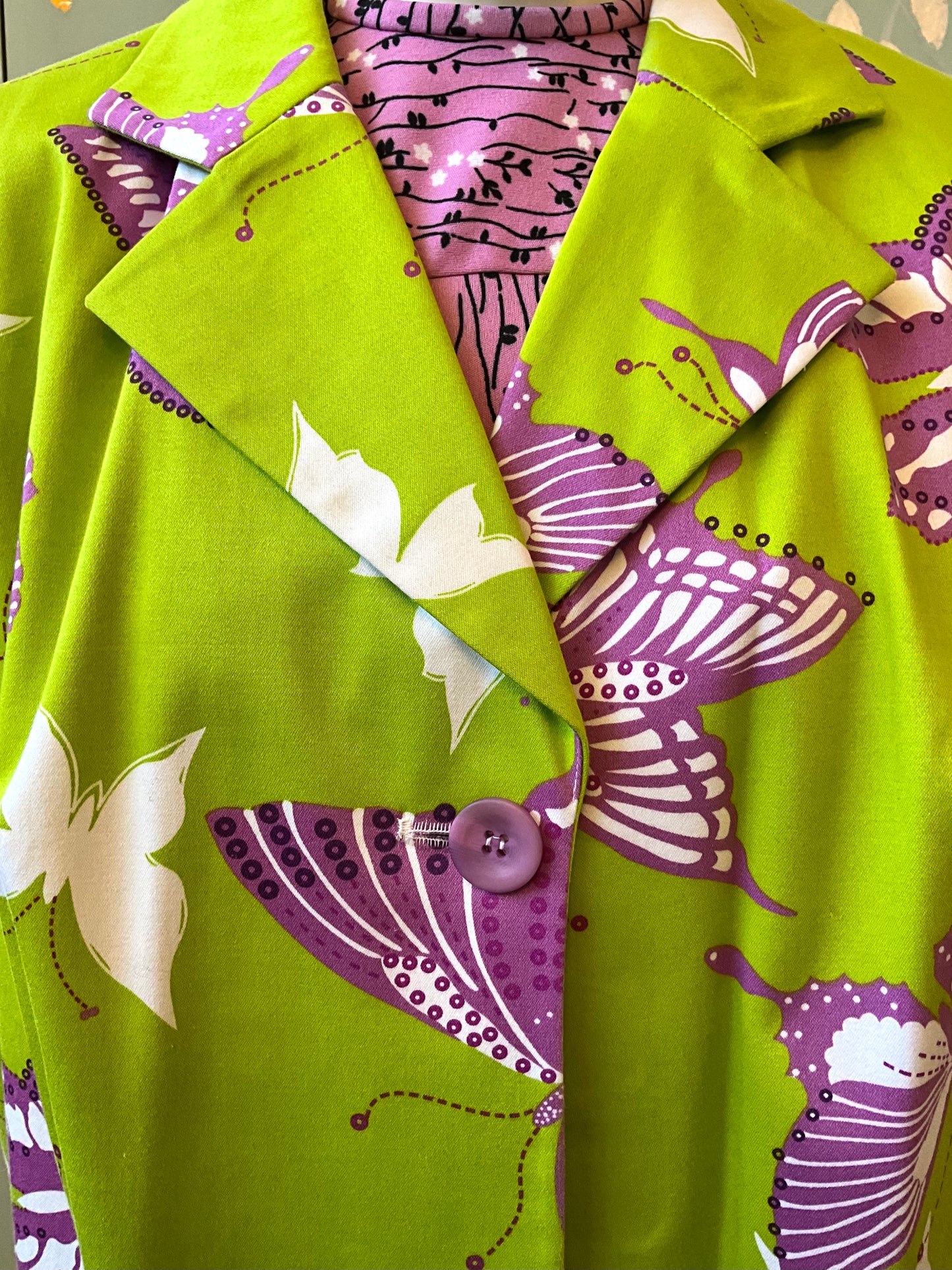Vintage 1990s Harvé Benard Green Butterfly Print Cotton Blazer, XL