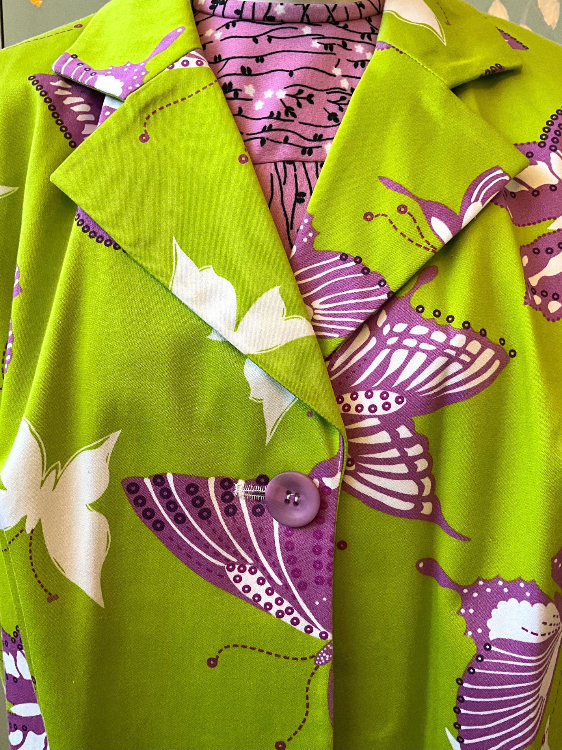 Vintage 1990s Harvé Benard Green Butterfly Print Cotton Blazer, XL