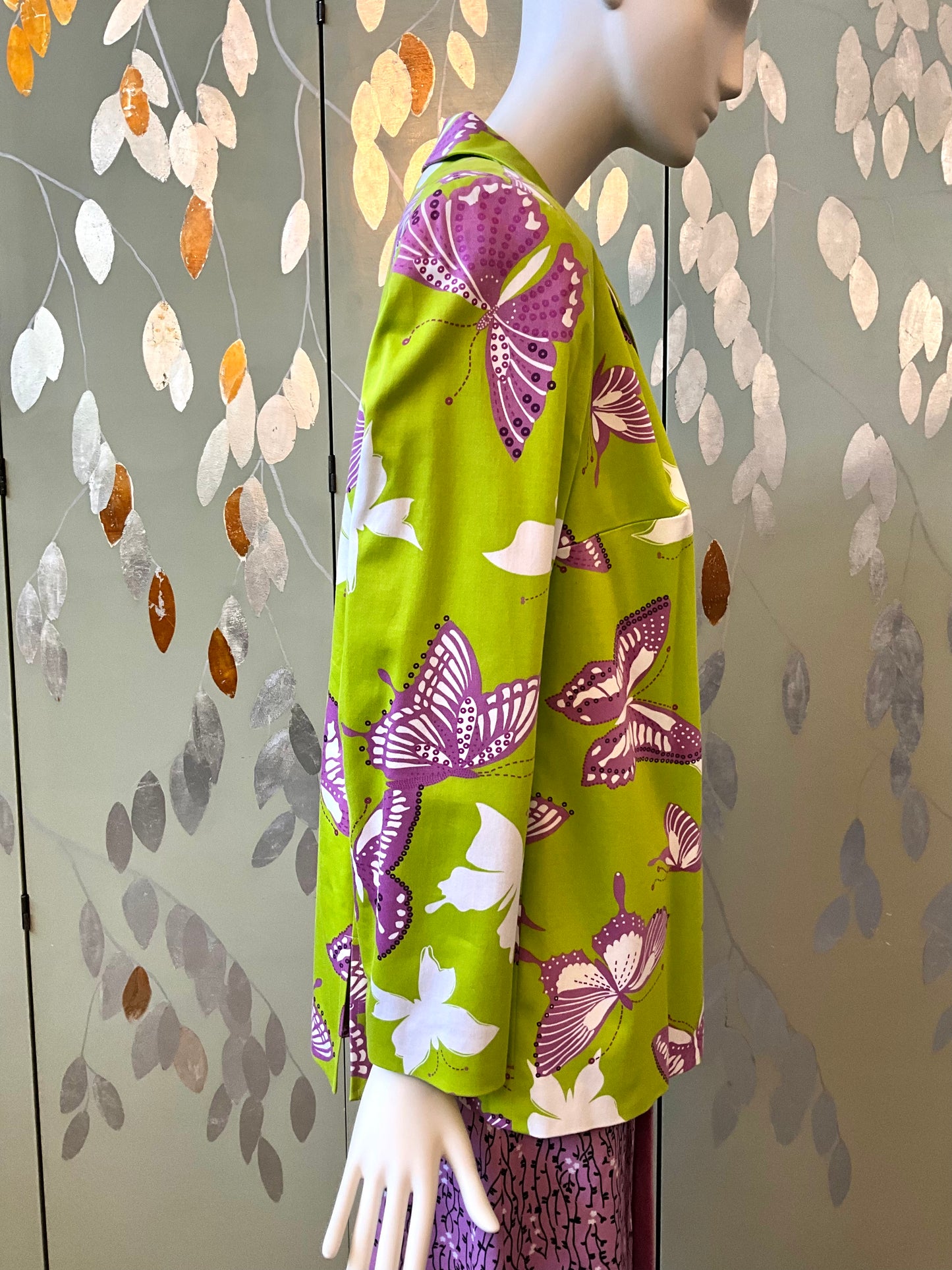 Vintage 1990s Harvé Benard Green Butterfly Print Cotton Blazer, XL