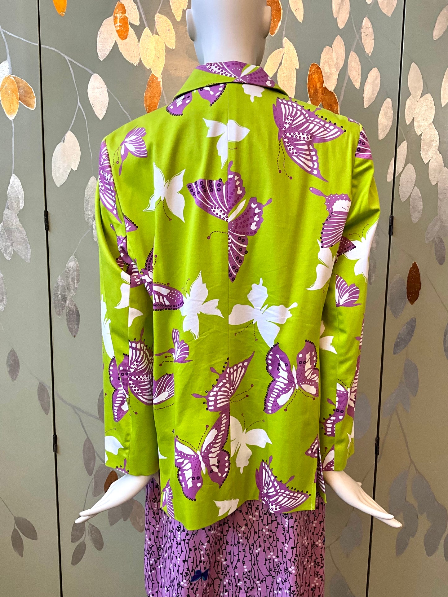 Vintage 1990s Harvé Benard Green Butterfly Print Cotton Blazer, XL
