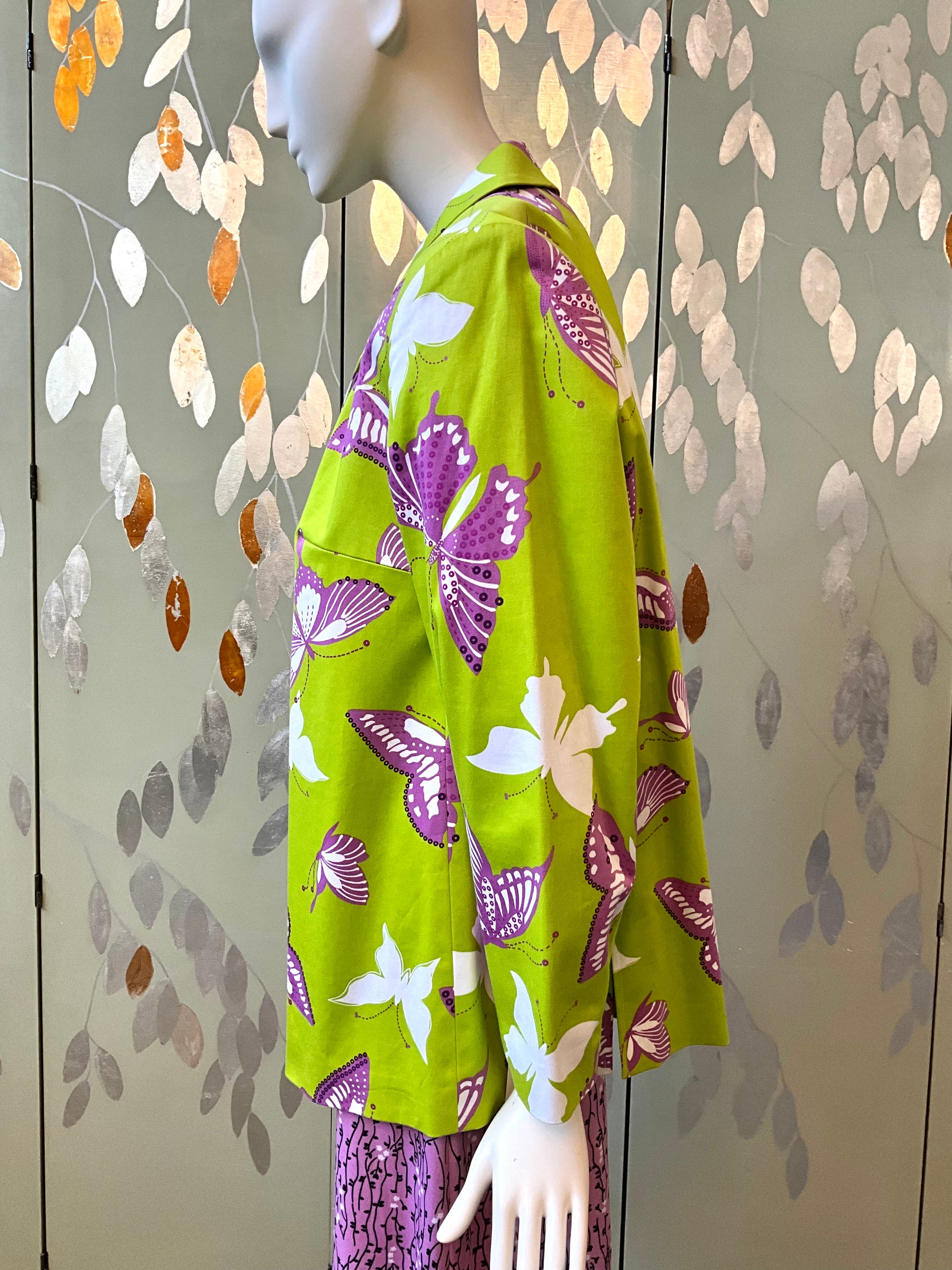 Vintage 1990s Harvé Benard Green Butterfly Print Cotton Blazer, XL