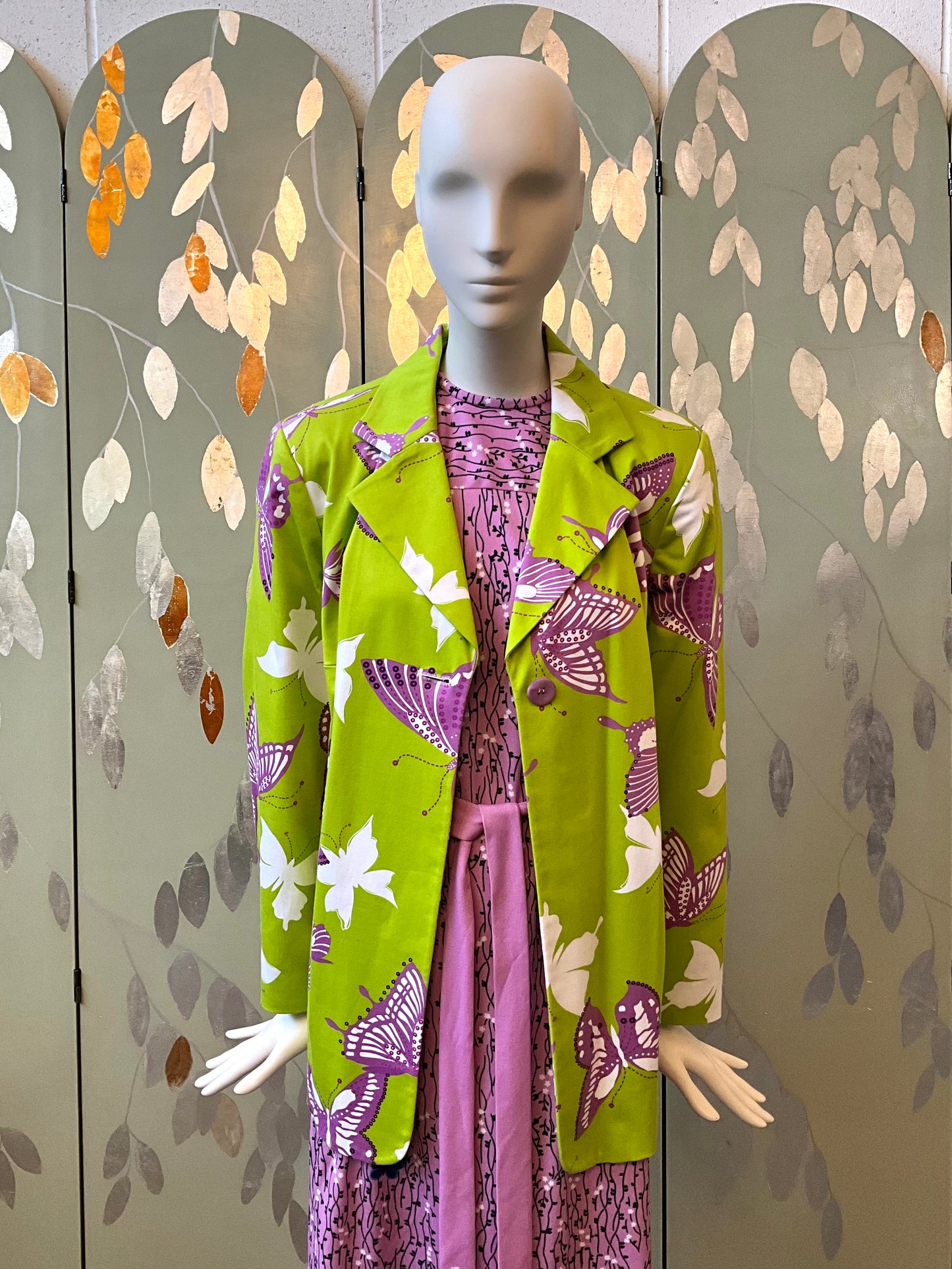 Vintage 1990s Harvé Benard Green Butterfly Print Cotton Blazer, XL