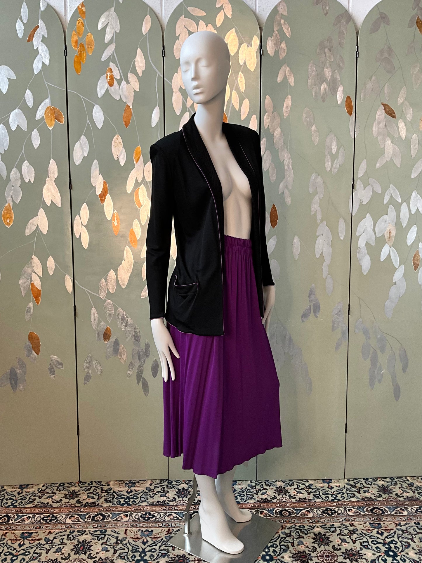 Vintage 1980s Callaghan Black Cardigan Blazer and Purple Skirt Set, Medium