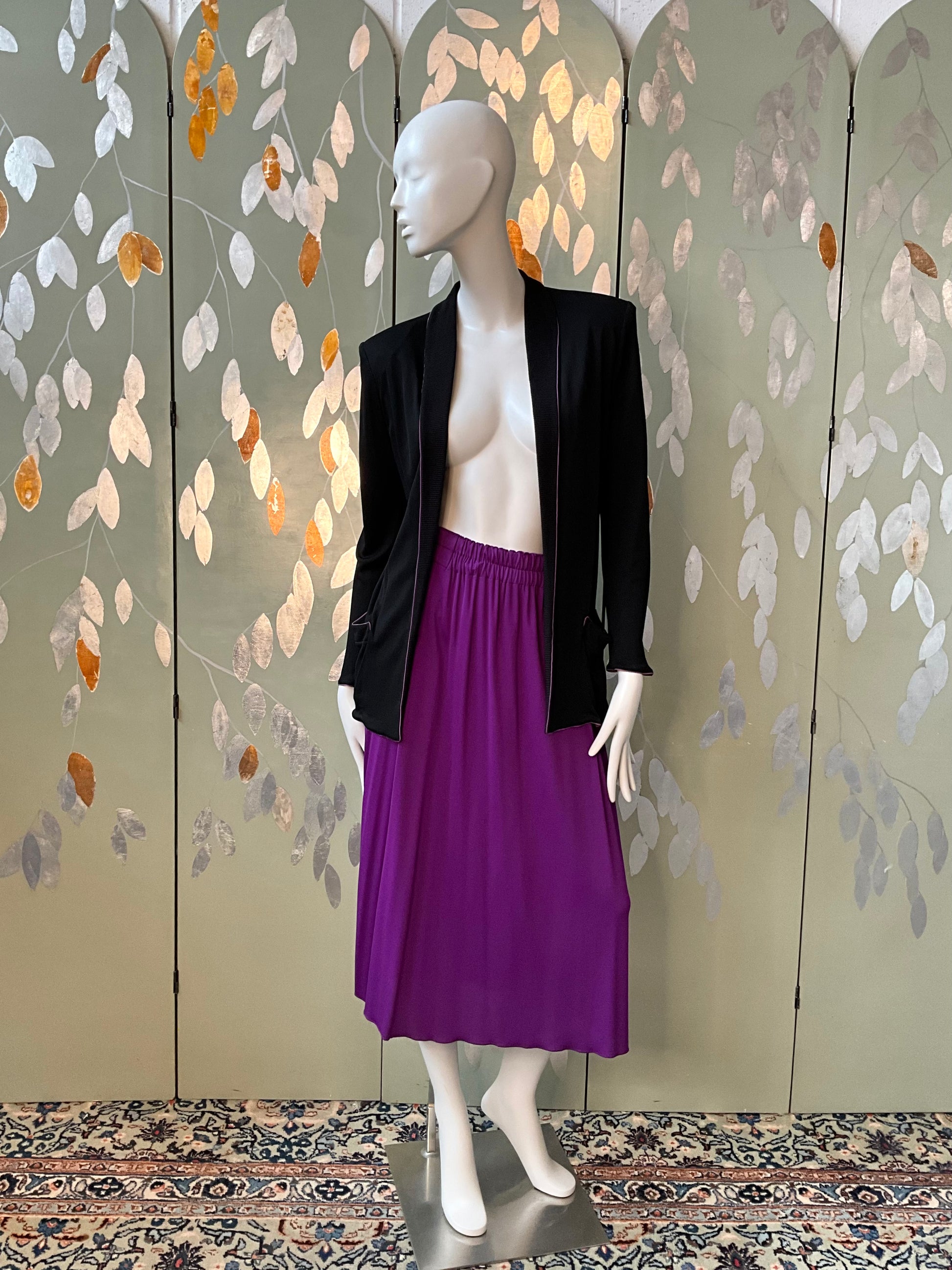 Vintage 1980s Callaghan Black Cardigan Blazer and Purple Skirt Set, Medium