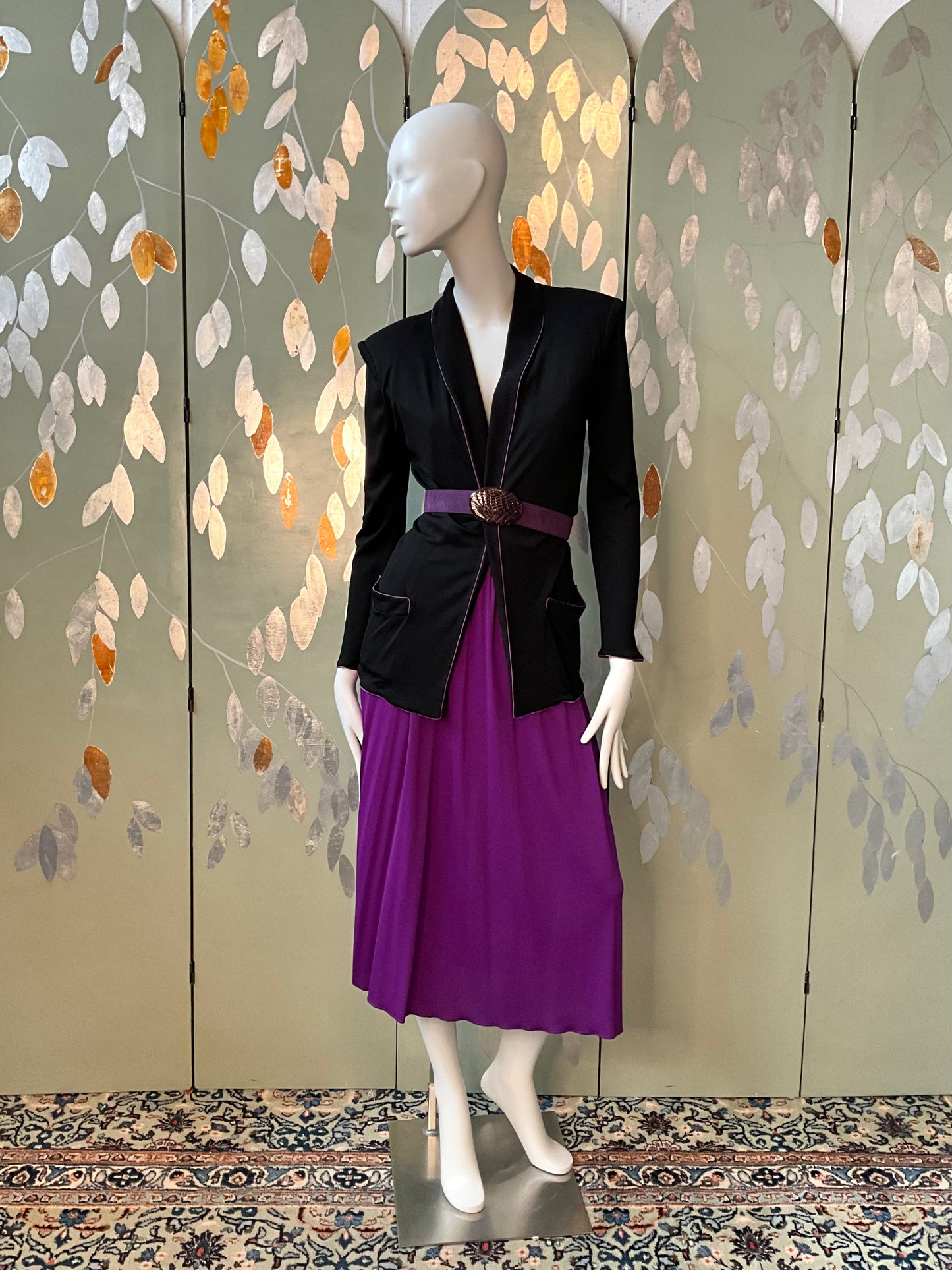Vintage 1980s Callaghan Black Cardigan Blazer and Purple Skirt Set, Medium