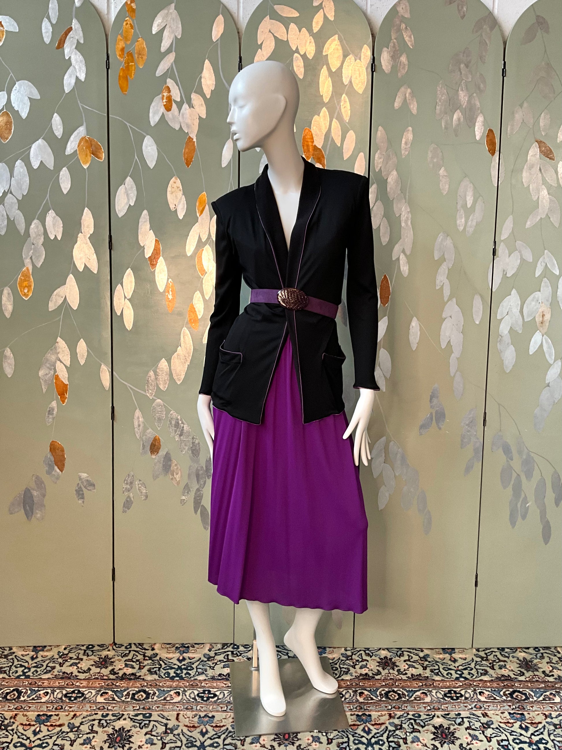 Vintage 1980s Callaghan Black Cardigan Blazer and Purple Skirt Set, Medium