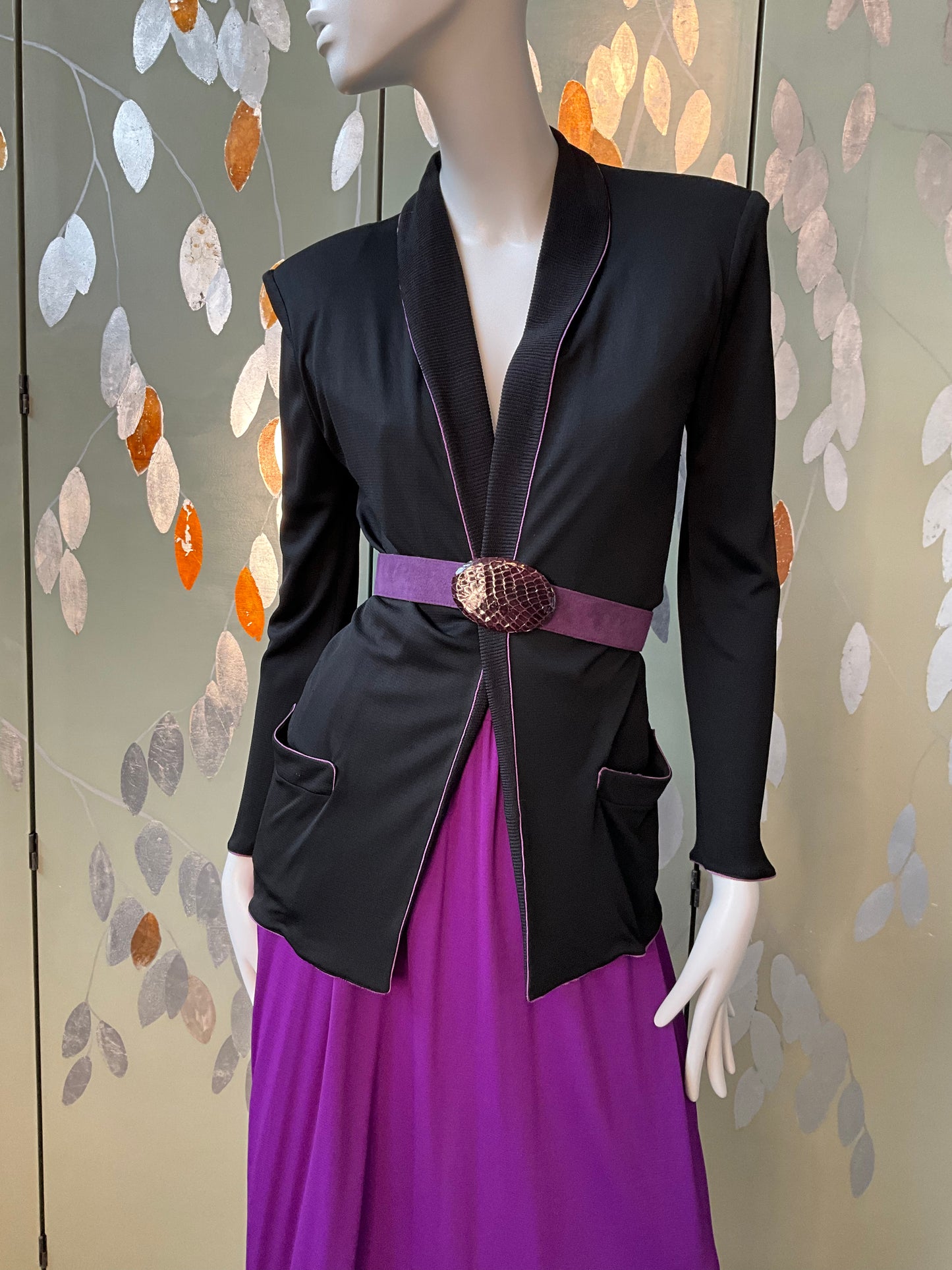 Vintage 1980s Callaghan Black Cardigan Blazer and Purple Skirt Set, Medium