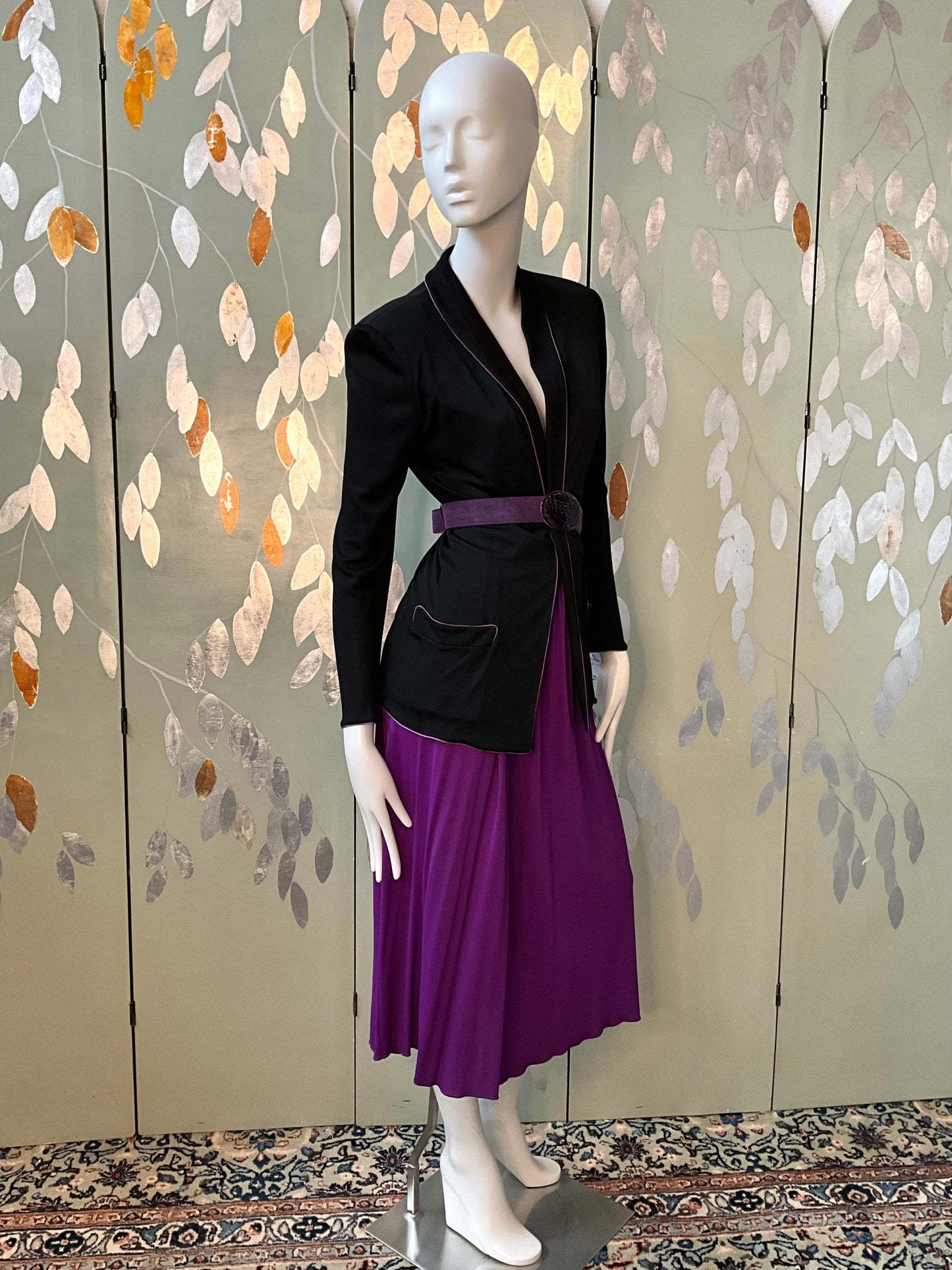 Vintage 1980s Callaghan Black Cardigan Blazer and Purple Skirt Set, Medium