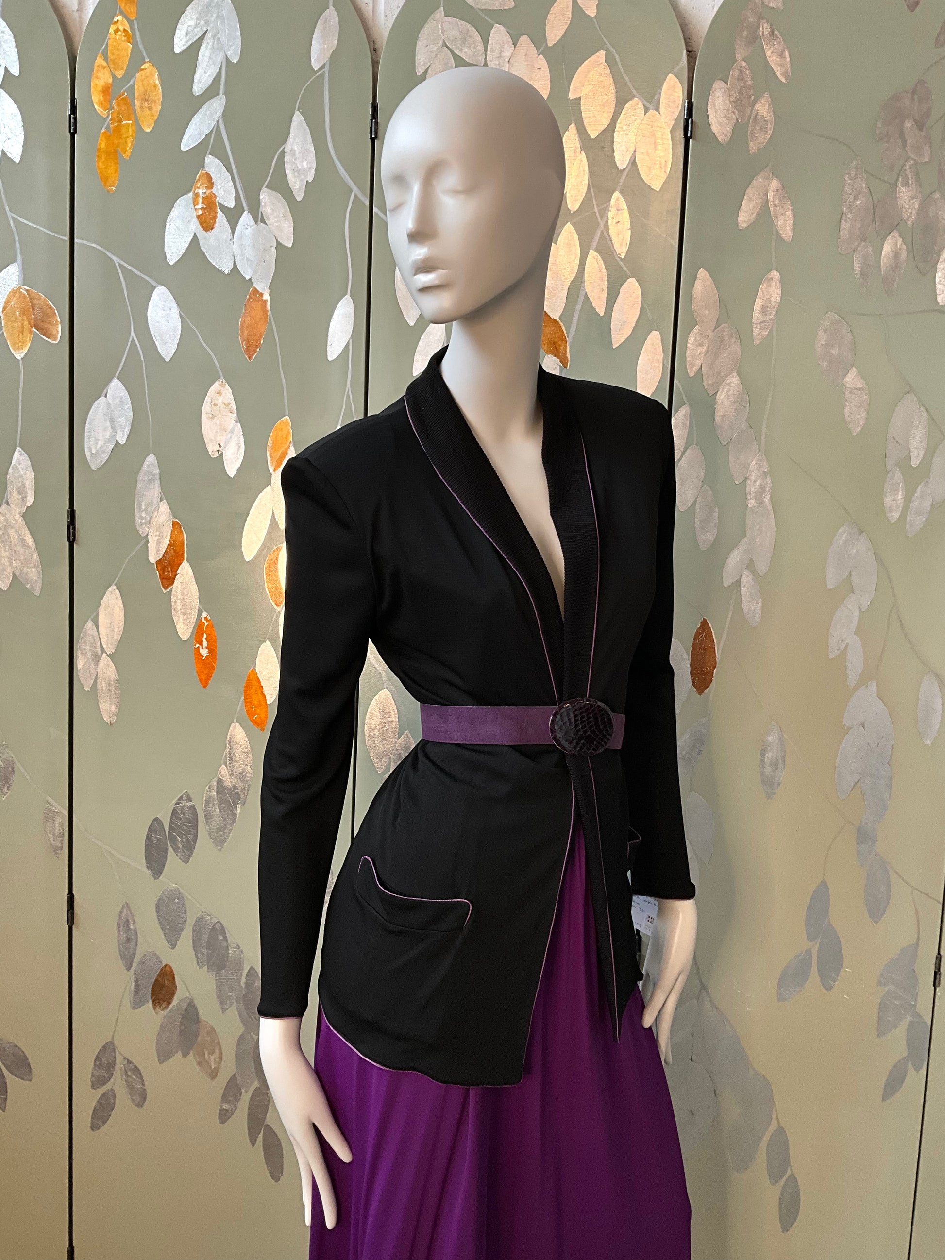 Vintage 1980s Callaghan Black Cardigan Blazer and Purple Skirt Set, Medium
