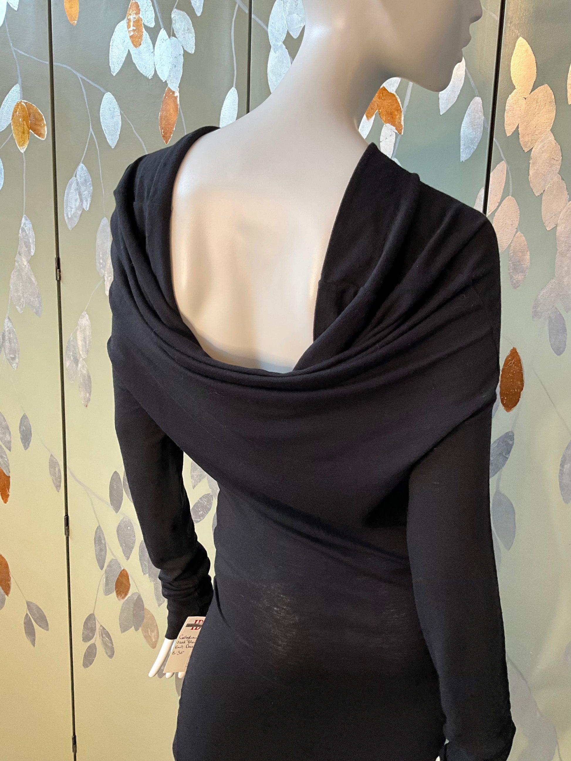 Vintage 1990s Callaghan Black Jersey Knit Long Sleeve Bodycon Dress, Medium 