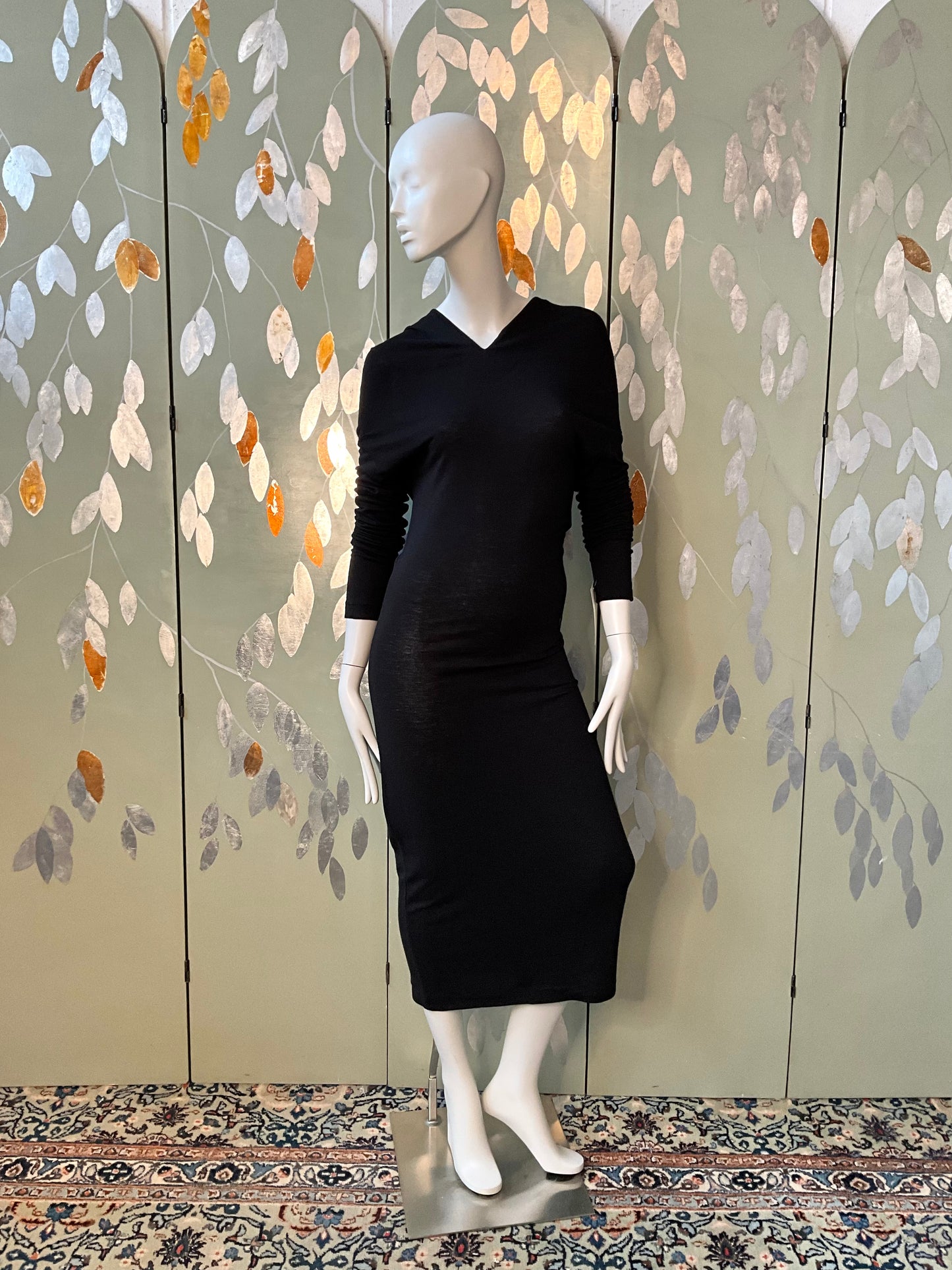 Vintage 1990s Callaghan Black Jersey Knit Long Sleeve Bodycon Dress, Medium 