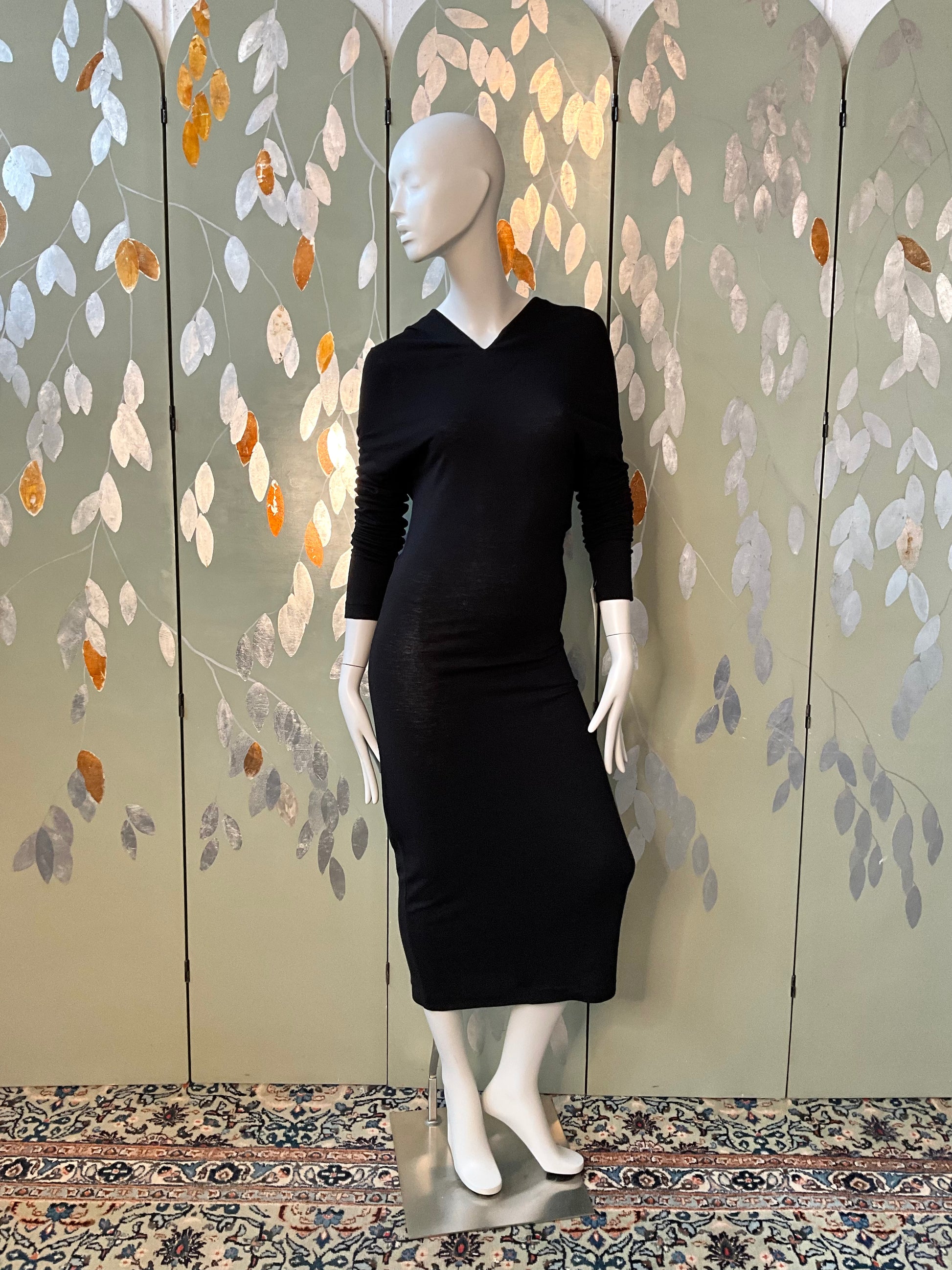 Vintage 1990s Callaghan Black Jersey Knit Long Sleeve Bodycon Dress, Medium 