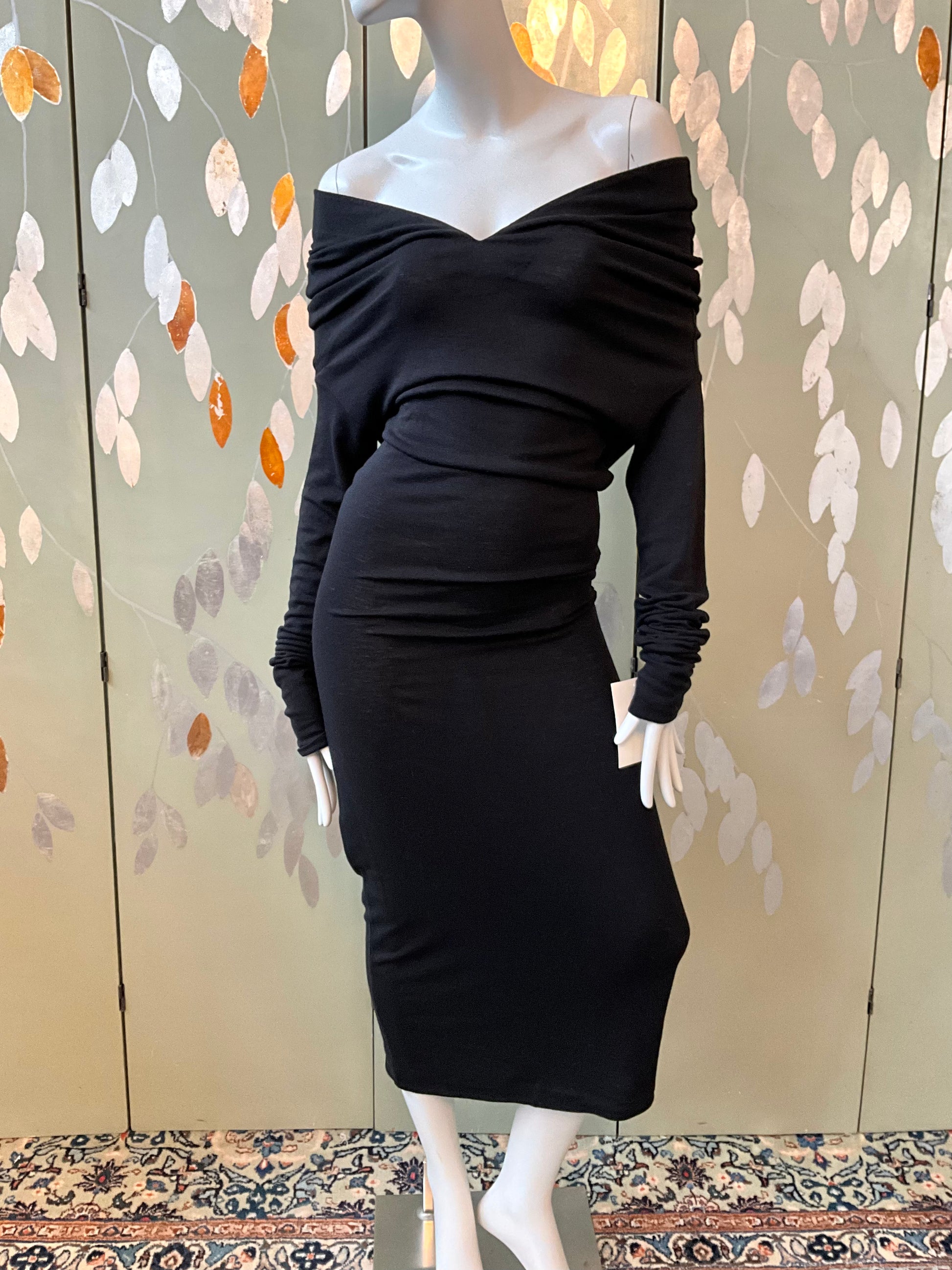 Vintage 1990s Callaghan Black Jersey Knit Long Sleeve Bodycon Dress, Medium 