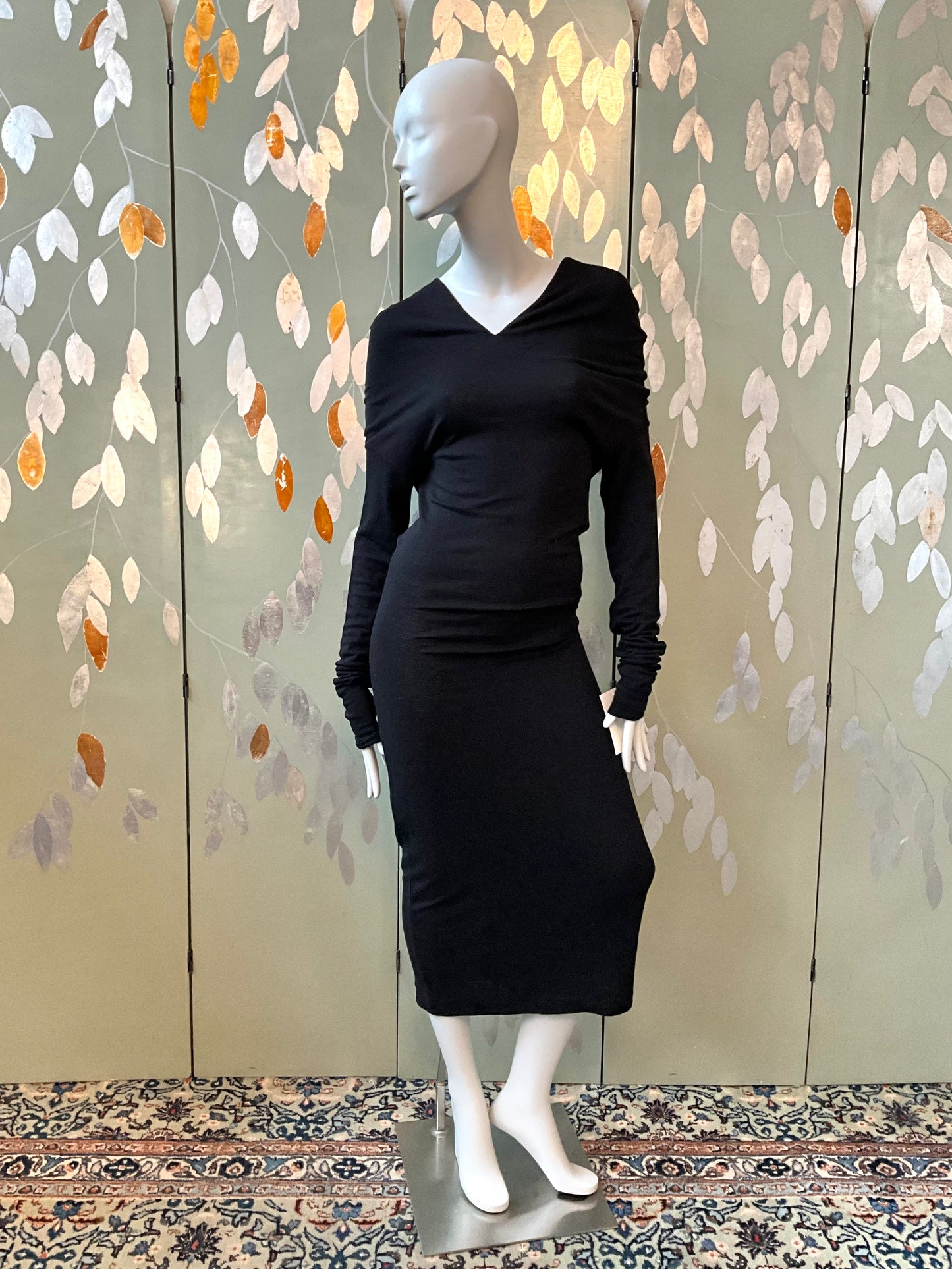 Vintage 1990s Callaghan Black Jersey Knit Long Sleeve Bodycon Dress, Medium 