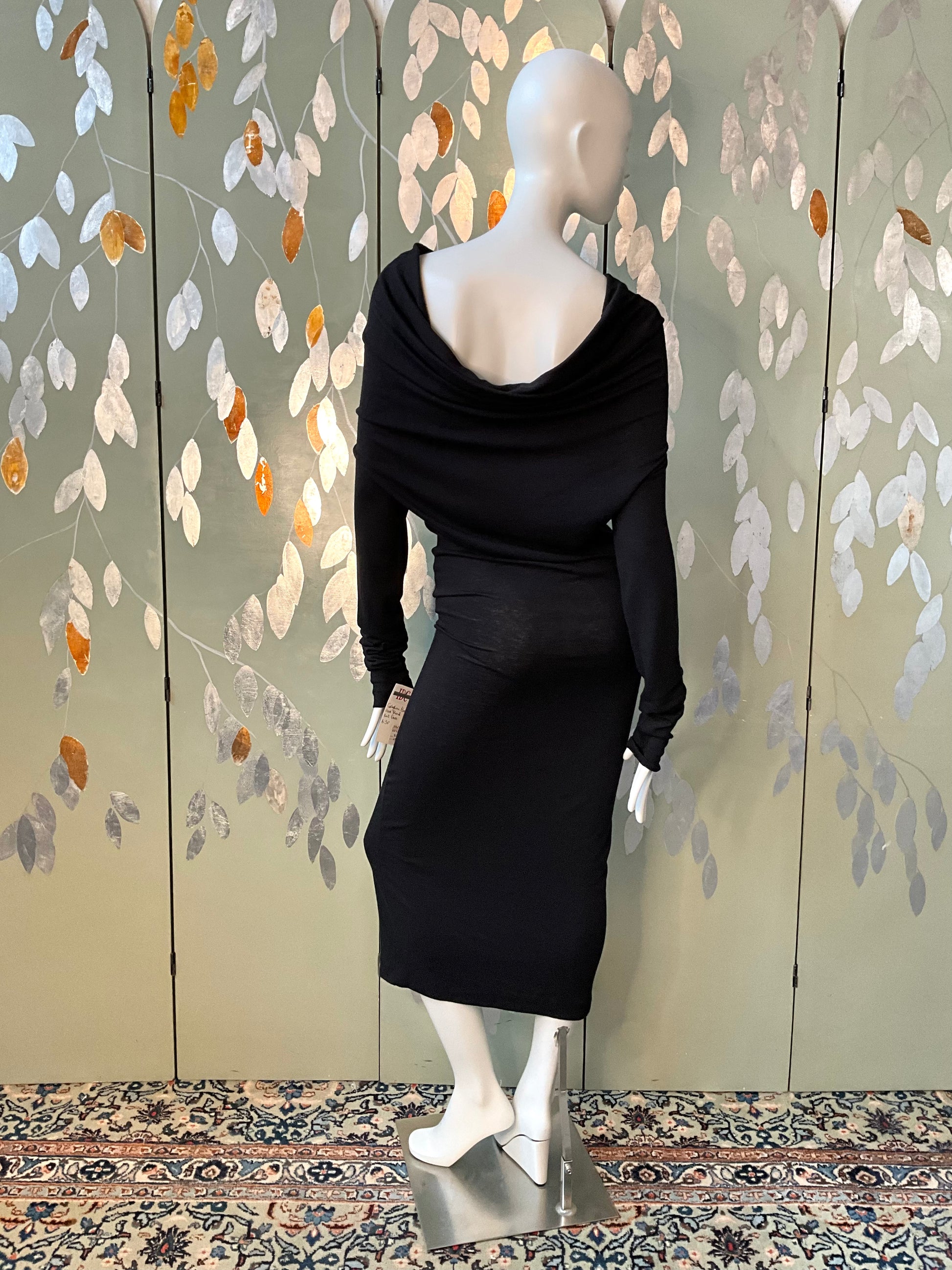 Vintage 1990s Callaghan Black Jersey Knit Long Sleeve Bodycon Dress, Medium 
