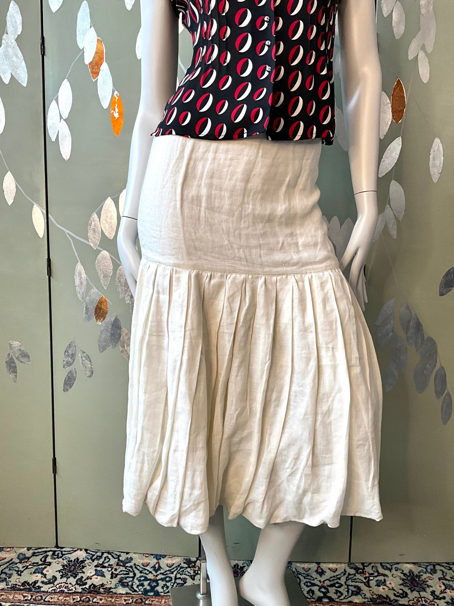 Vintage 1980s Callaghan White Linen Drop Waist Pleated Bubble Midi Skirt