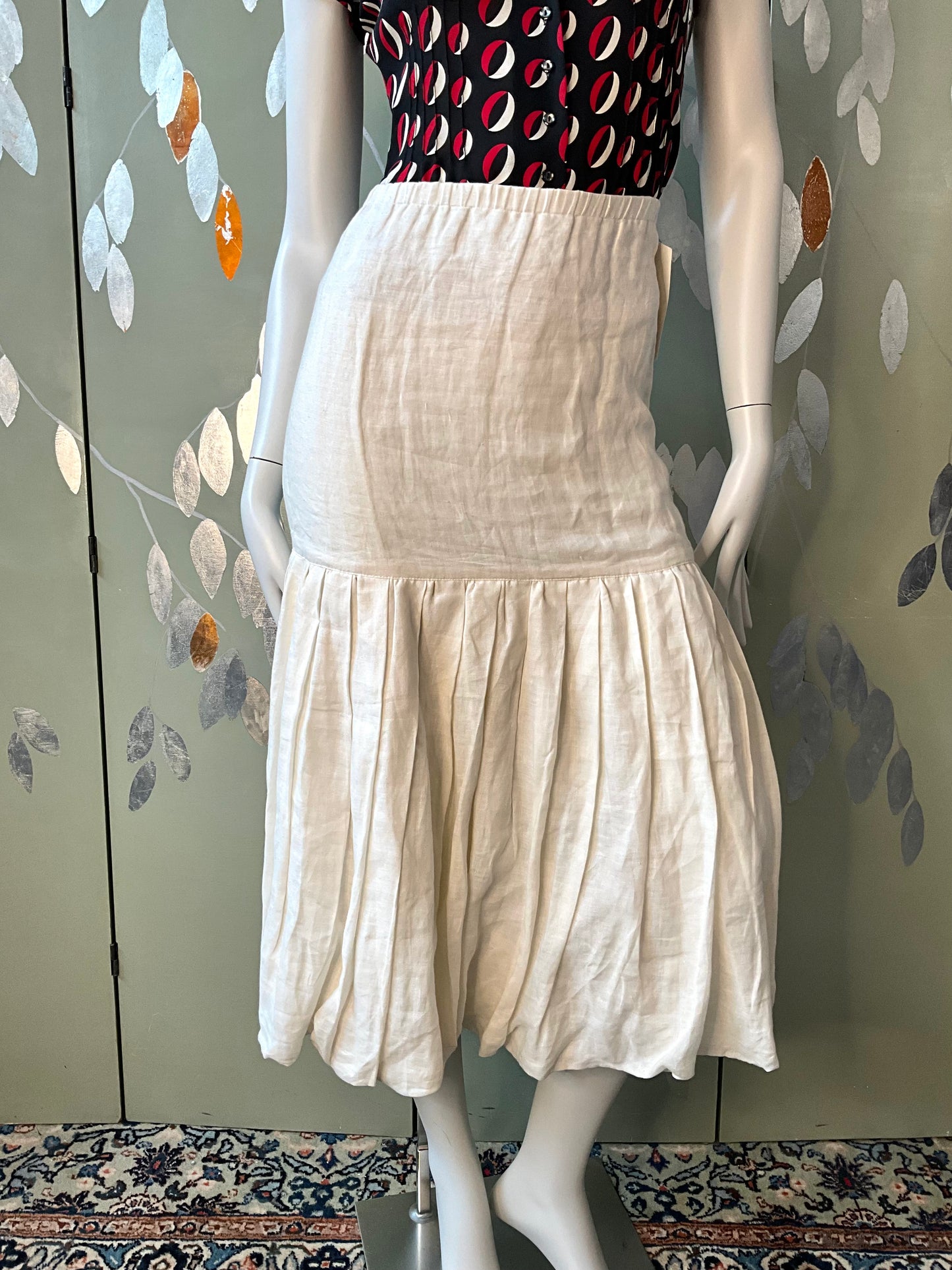 Vintage 1980s Callaghan White Linen Drop Waist Pleated Bubble Midi Skirt