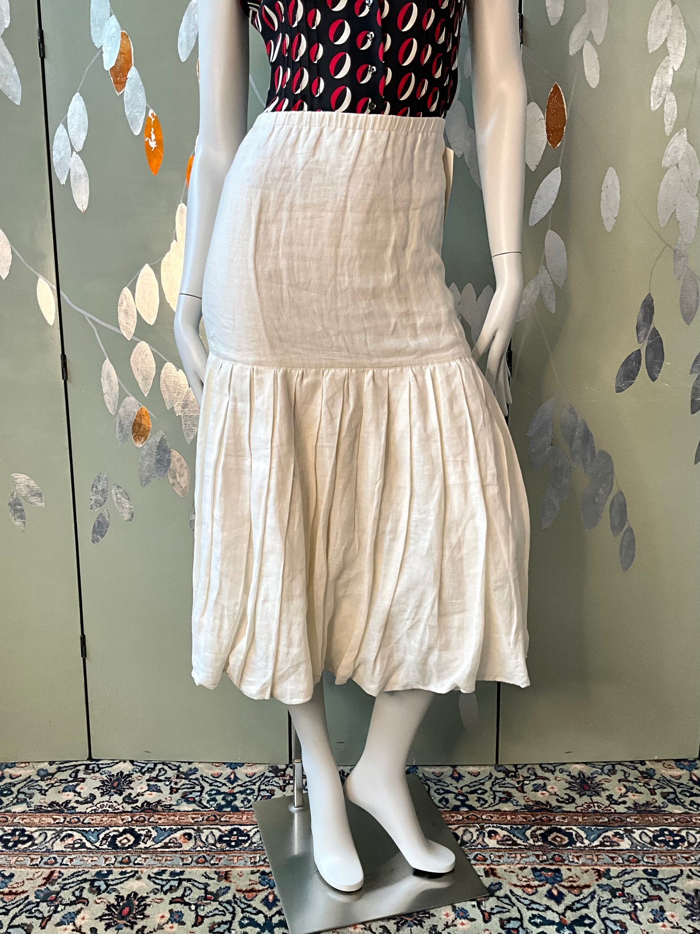 Vintage 1980s Callaghan White Linen Drop Waist Pleated Bubble Midi Skirt