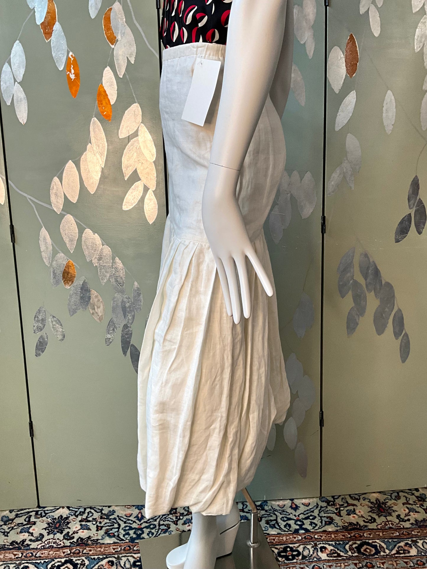Vintage 1980s Callaghan White Linen Drop Waist Pleated Bubble Midi Skirt