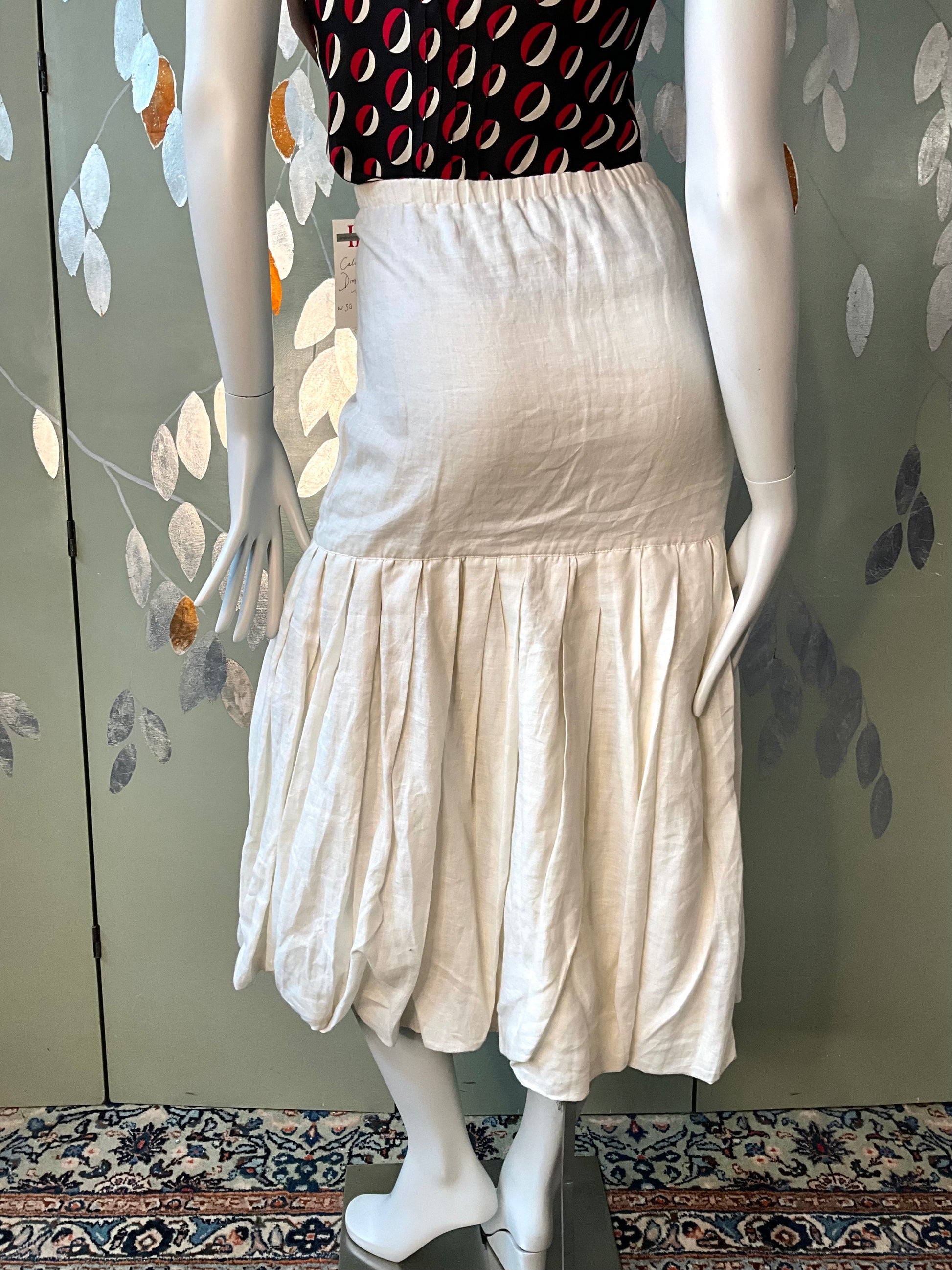 Vintage 1980s Callaghan White Linen Drop Waist Pleated Bubble Midi Skirt
