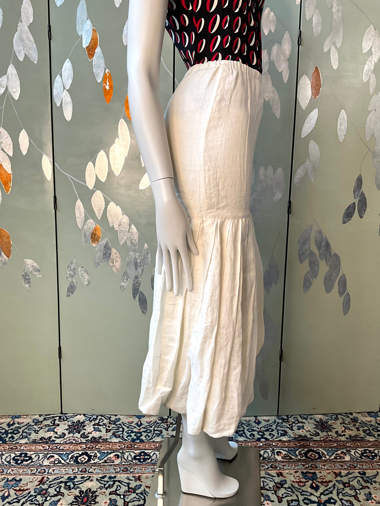 Vintage 1980s Callaghan White Linen Drop Waist Pleated Bubble Midi Skirt